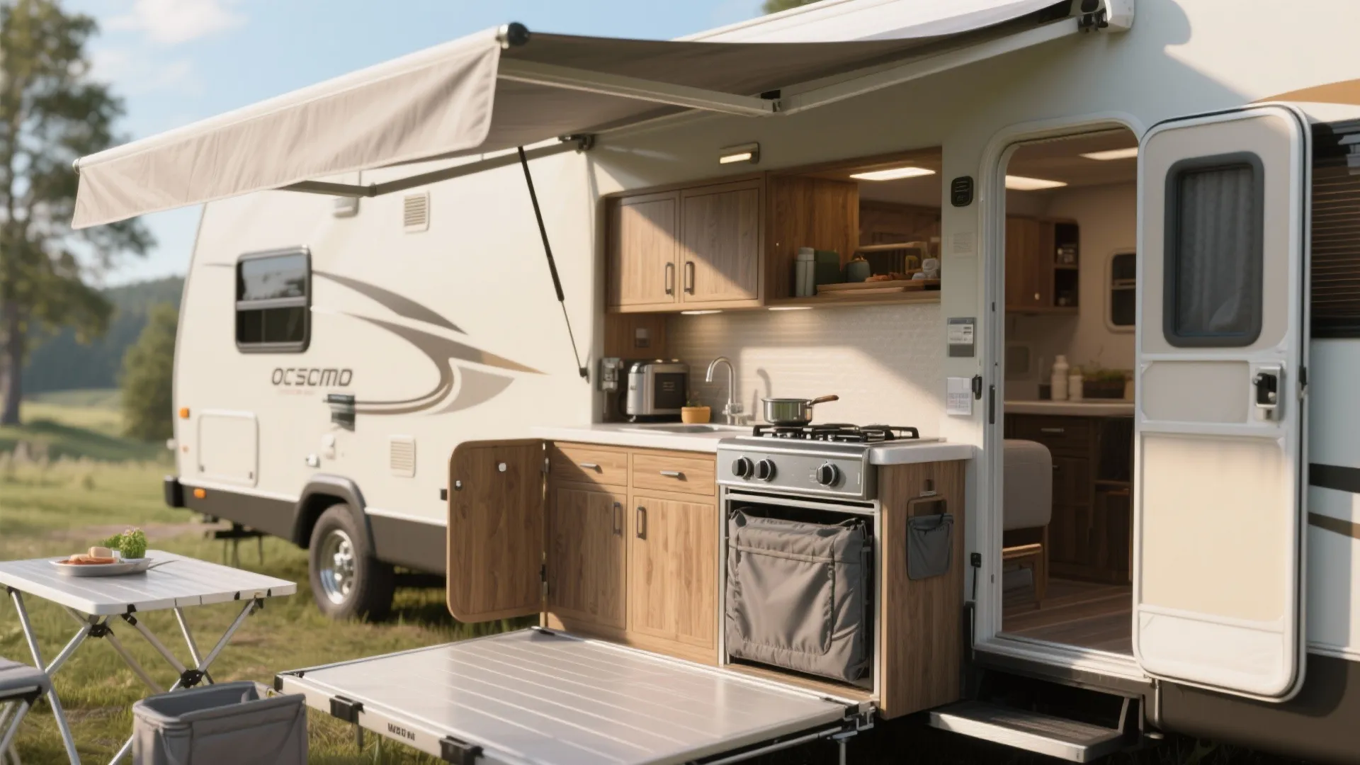 Modern white caravan with slide out outdoor kitchen featuring wooden cabinets stove sink and pull awning