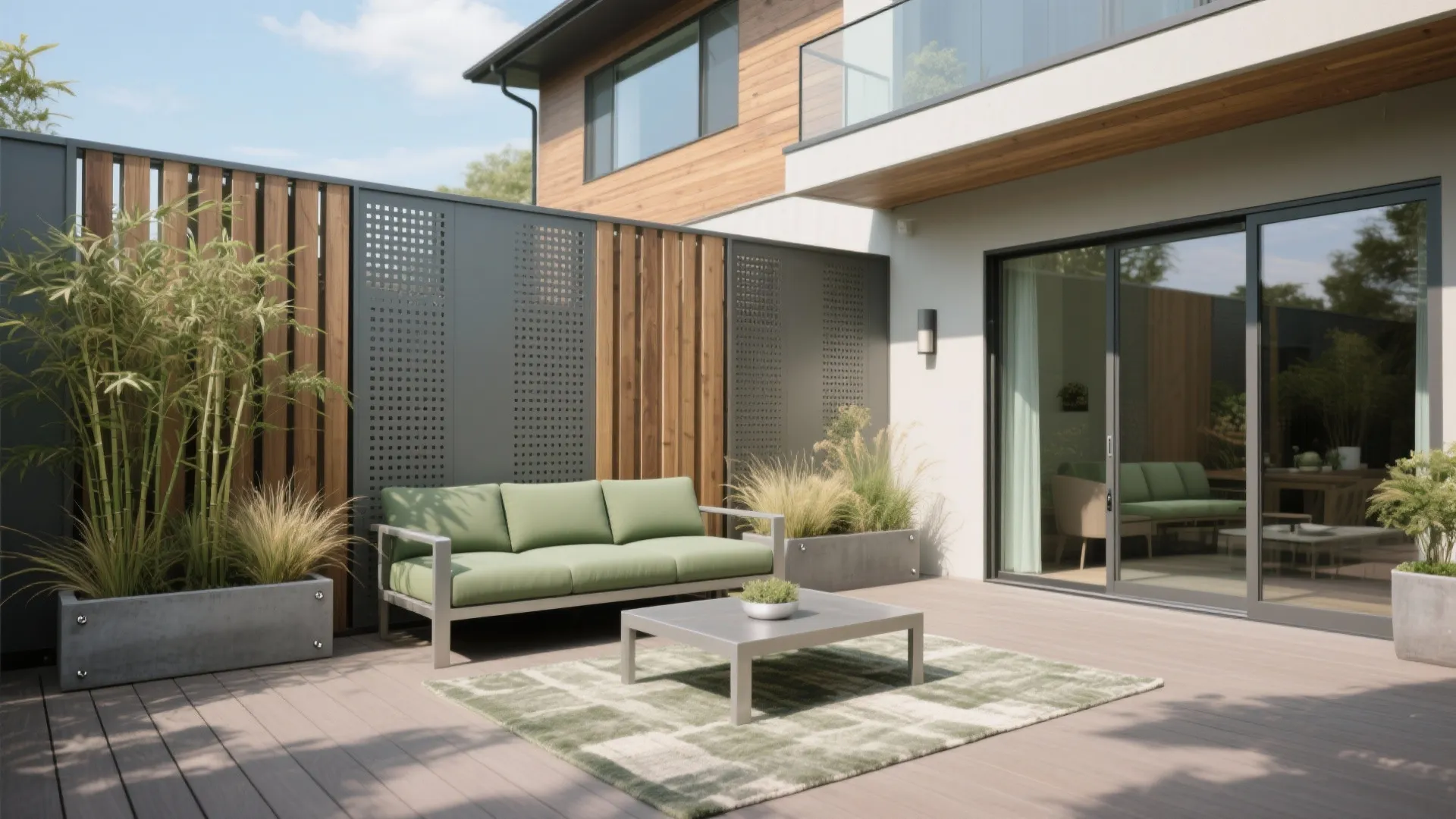 Modern outdoor patio with green sofa, coffee table, wooden privacy wall, and green bamboo plants