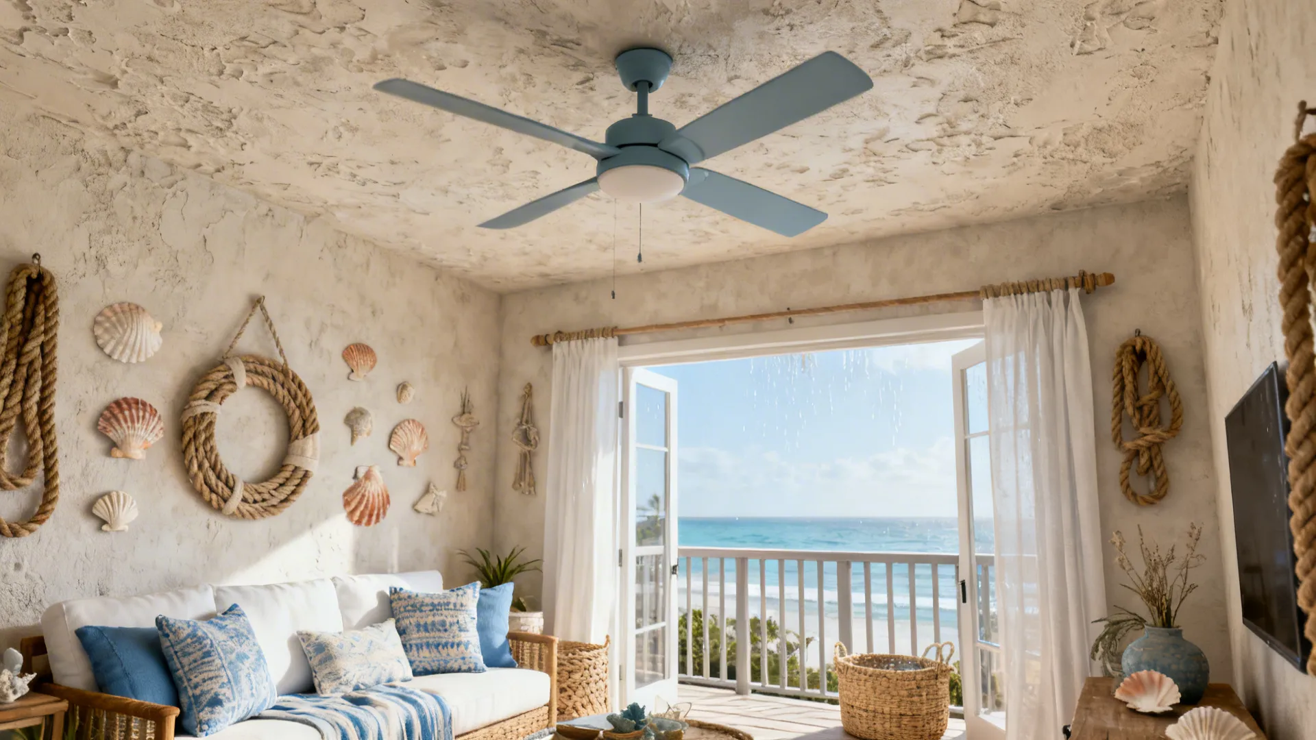 Indoor coastal living room with an outdoor-rated ceiling fan near a balcony door.