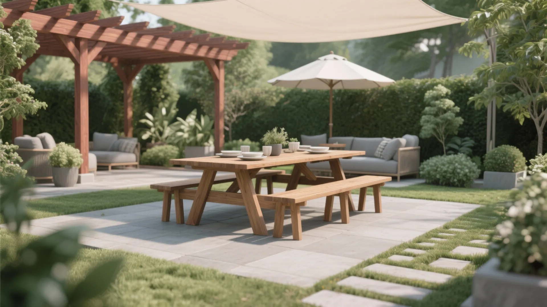 Wooden dining table and benches on stone patio under canopy in a green sunny backyard