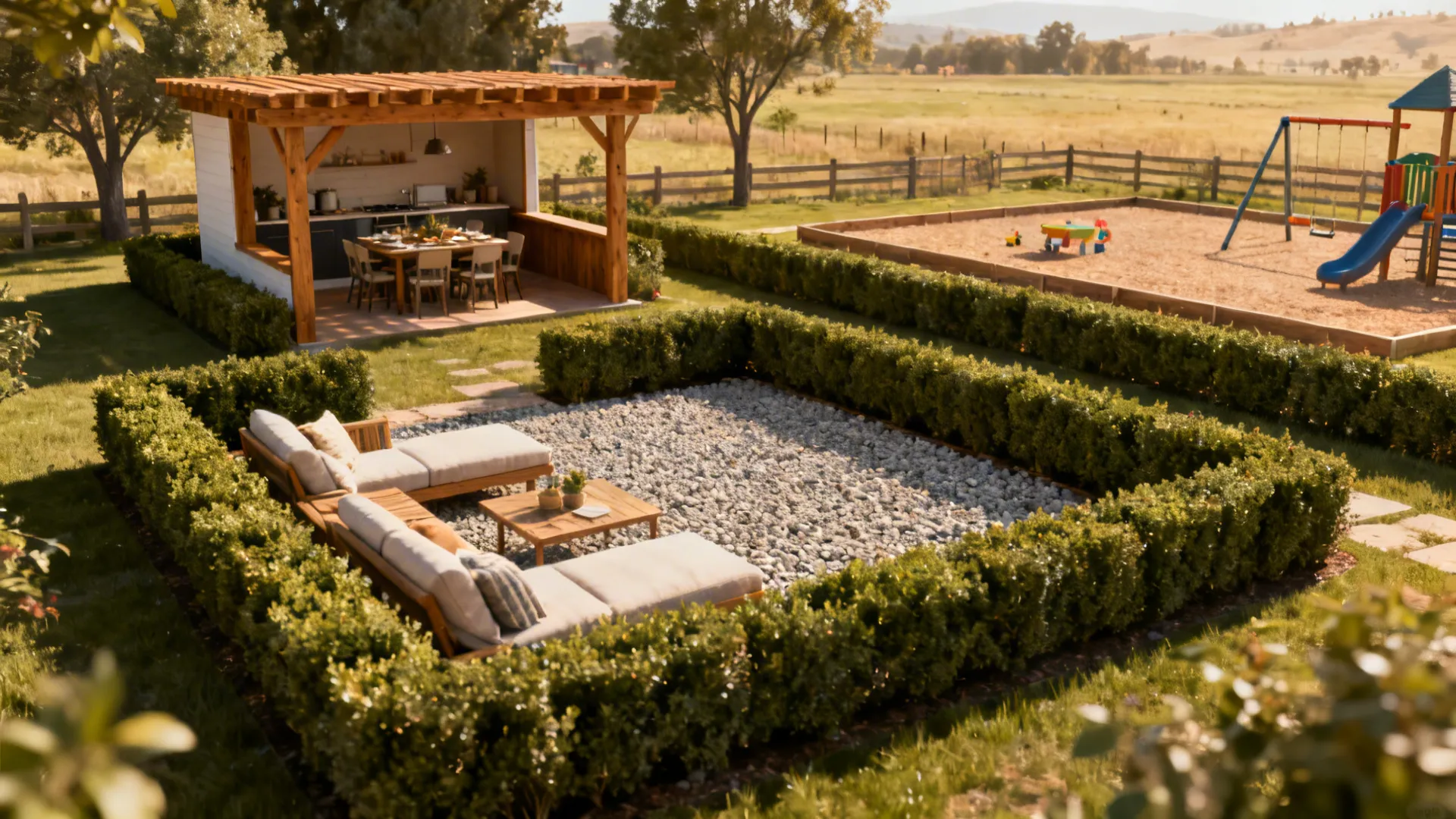 Outdoor rooms for dining and lounging defined by low hedges and a small wooden pergola at a ranch property.