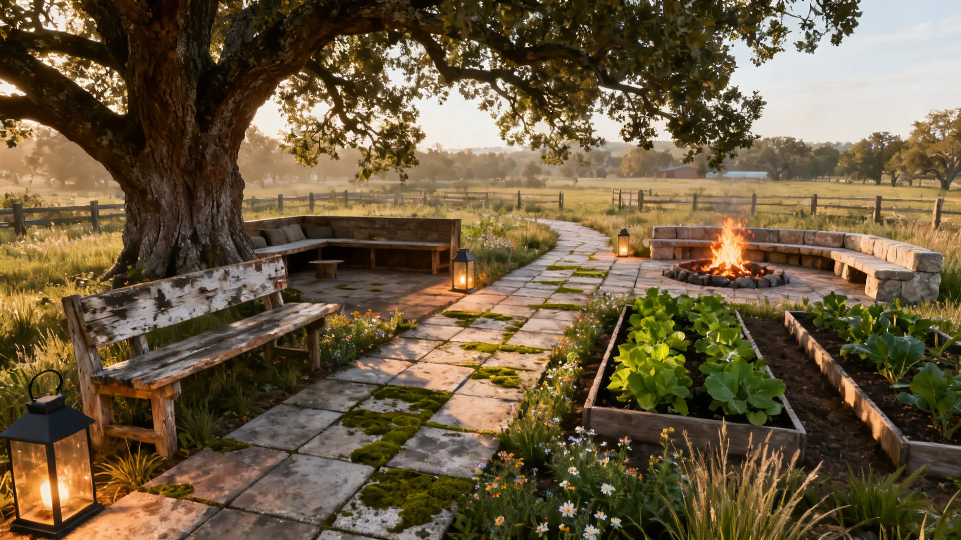 Multiple outdoor rooms along a ranch including a seating nook, fire-pit, and vegetable strip.