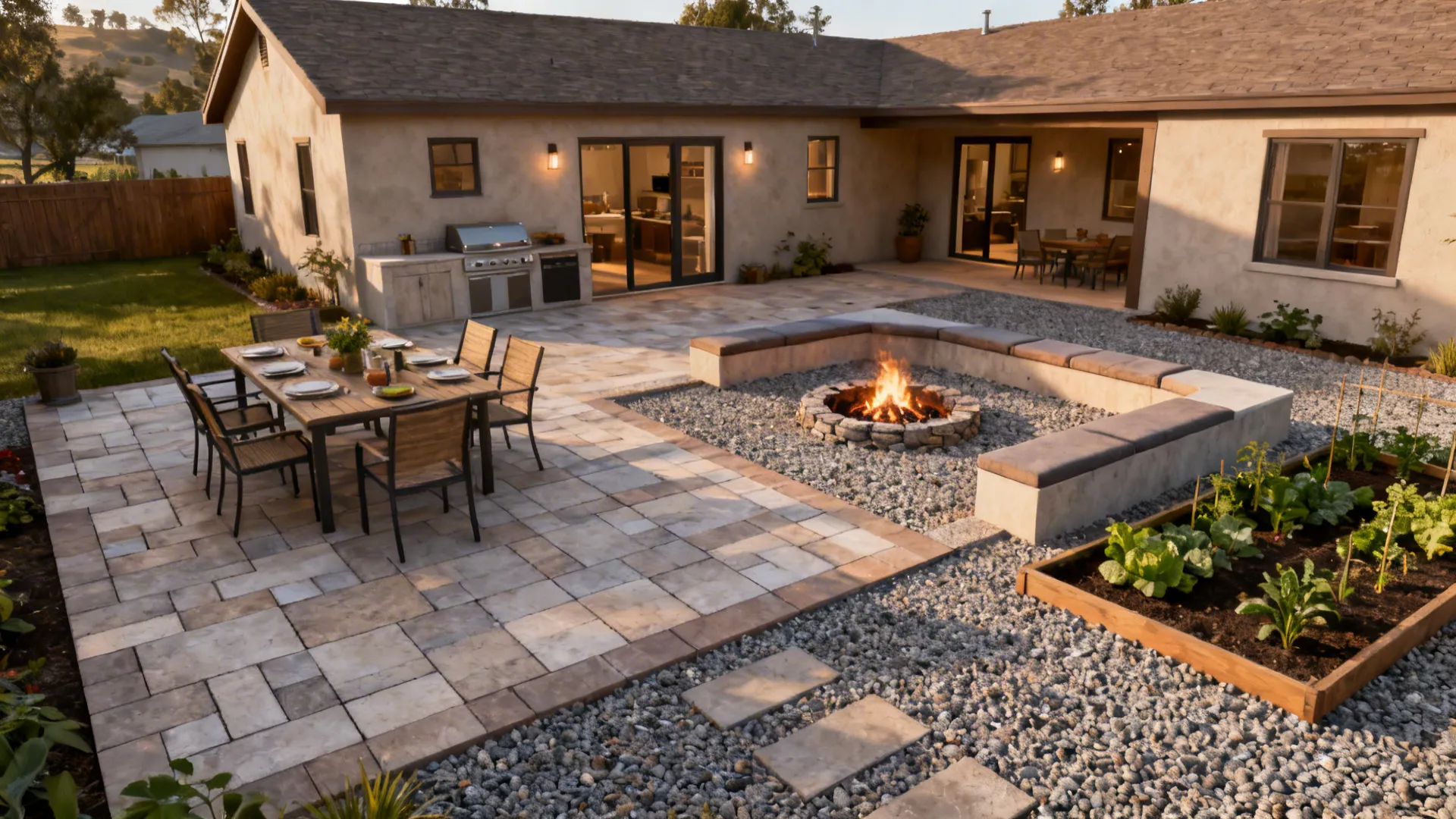 Ranch yard with defined outdoor rooms: paver dining patio, gravel fire pit nook, and vegetable patch.