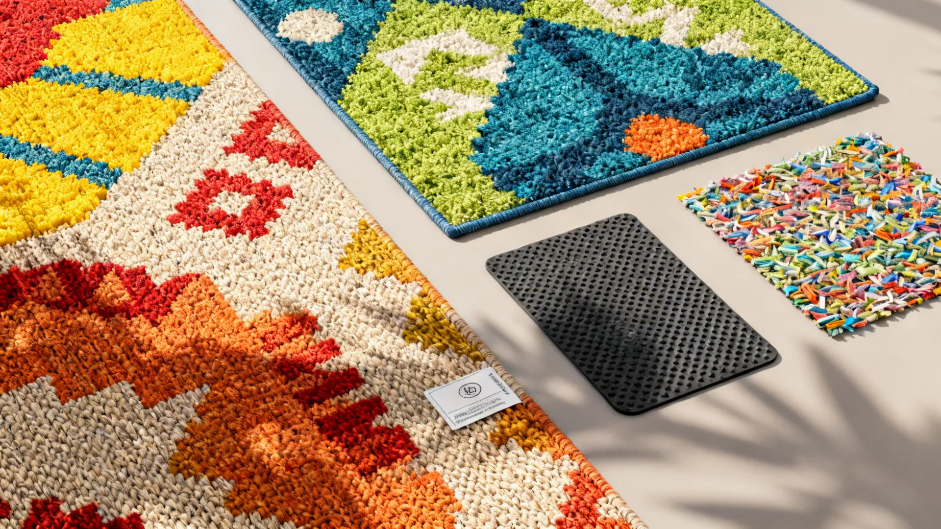 Flatlay of outdoor-style colorful rug samples and material swatches showing polypropylene and recycled PET textures