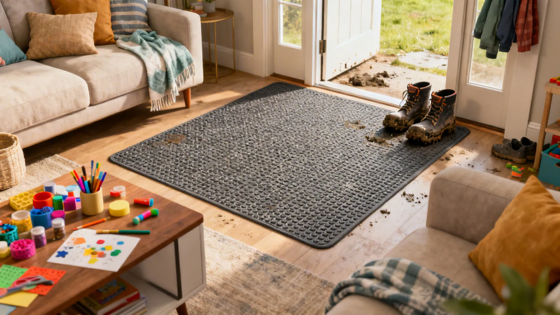 Indoor living room styled with an outdoor-grade waterproof rug, muddy shoes nearby and soft cushions.