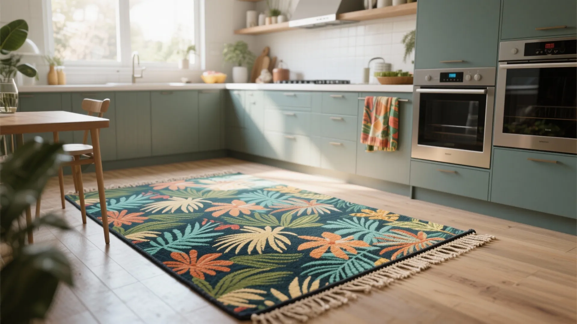 Modern kitchen with green cabinets and a colorful tropical leaf pattern rug on wooden floor
