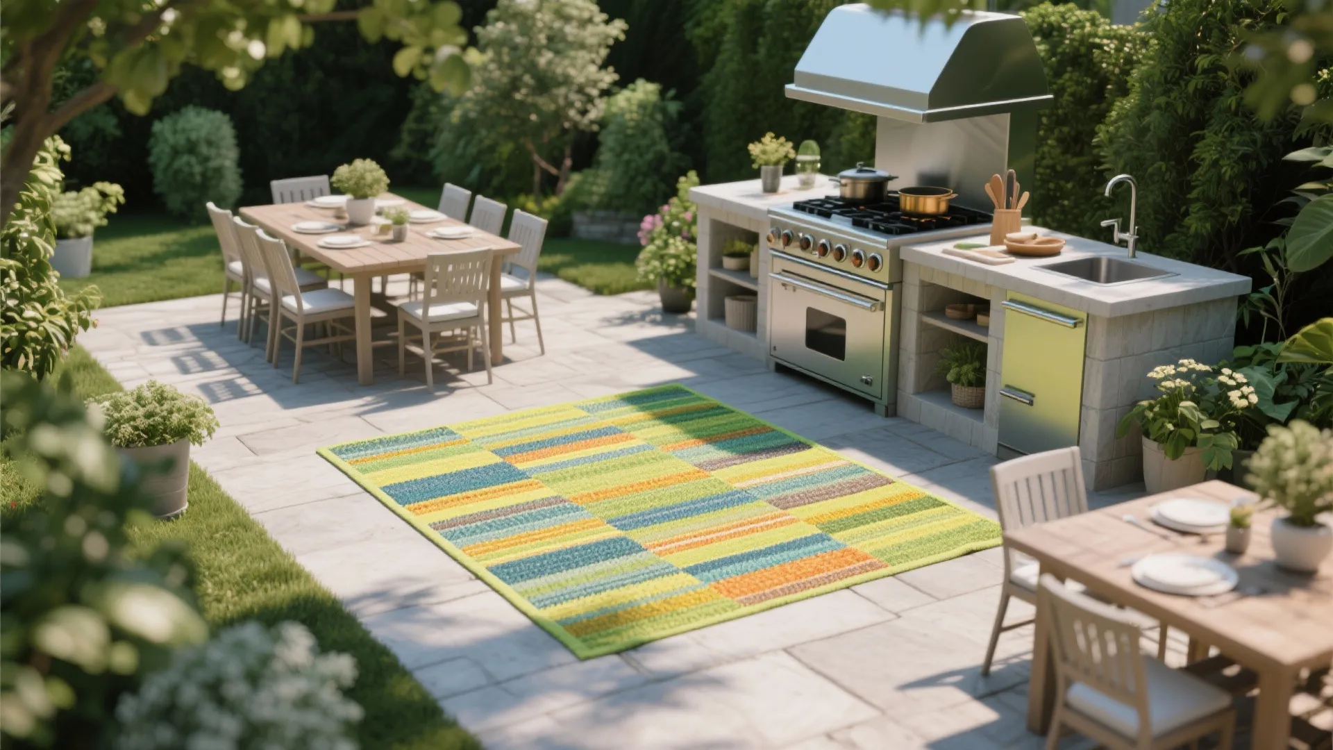 Outdoor rug adding color and defining kitchen zones