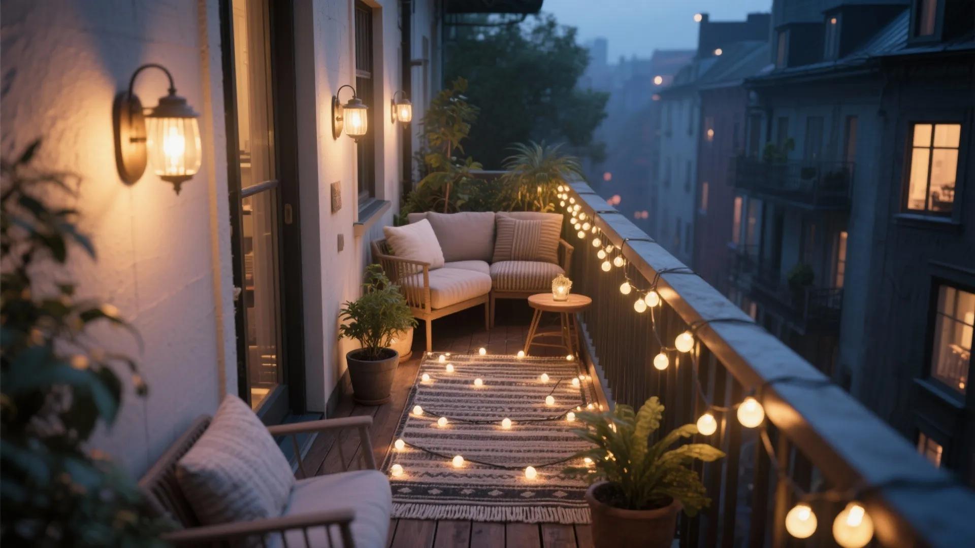 Cozy night balcony with string lights and wall lamps and small sofa and striped rug