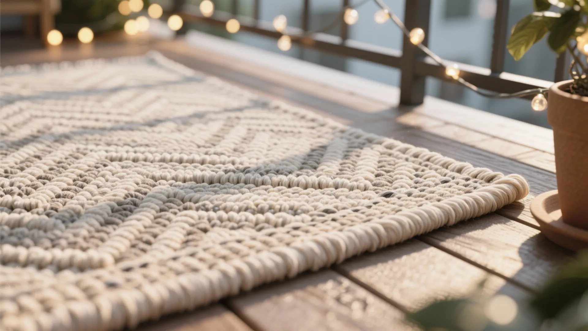 Zoning with outdoor rugs and layered lighting
