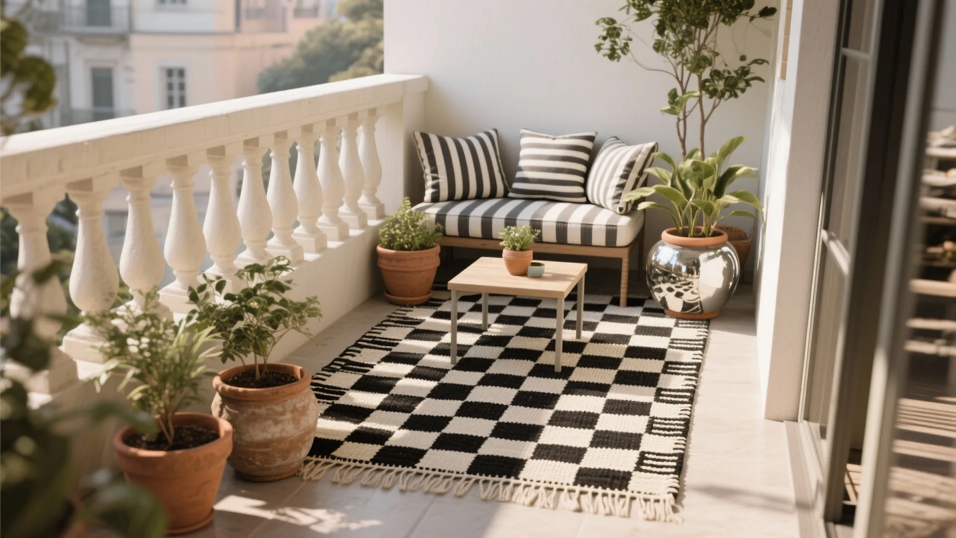 Balcony with black-and-ecru rug, striped cushions, side table, and clay pots with reflective accents.