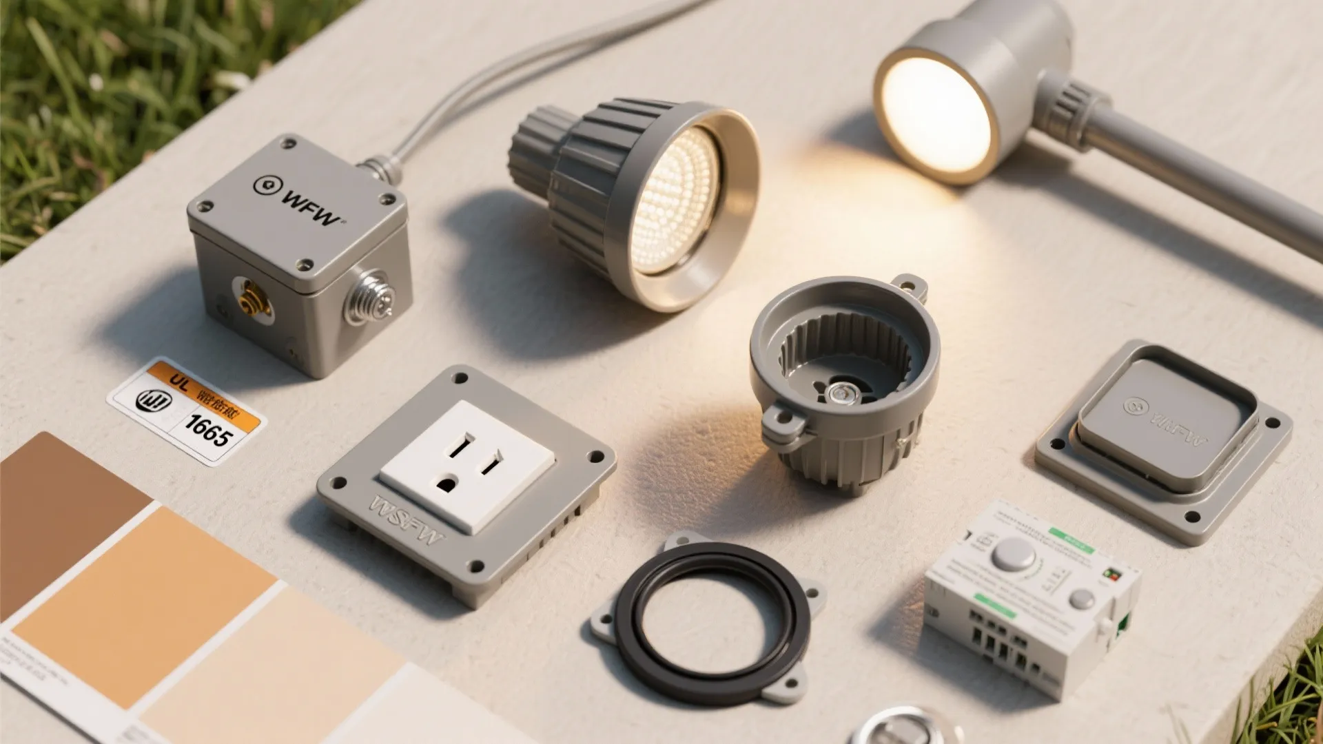Various outdoor electrical safety kit parts including grey junction box and light bulbs on surface