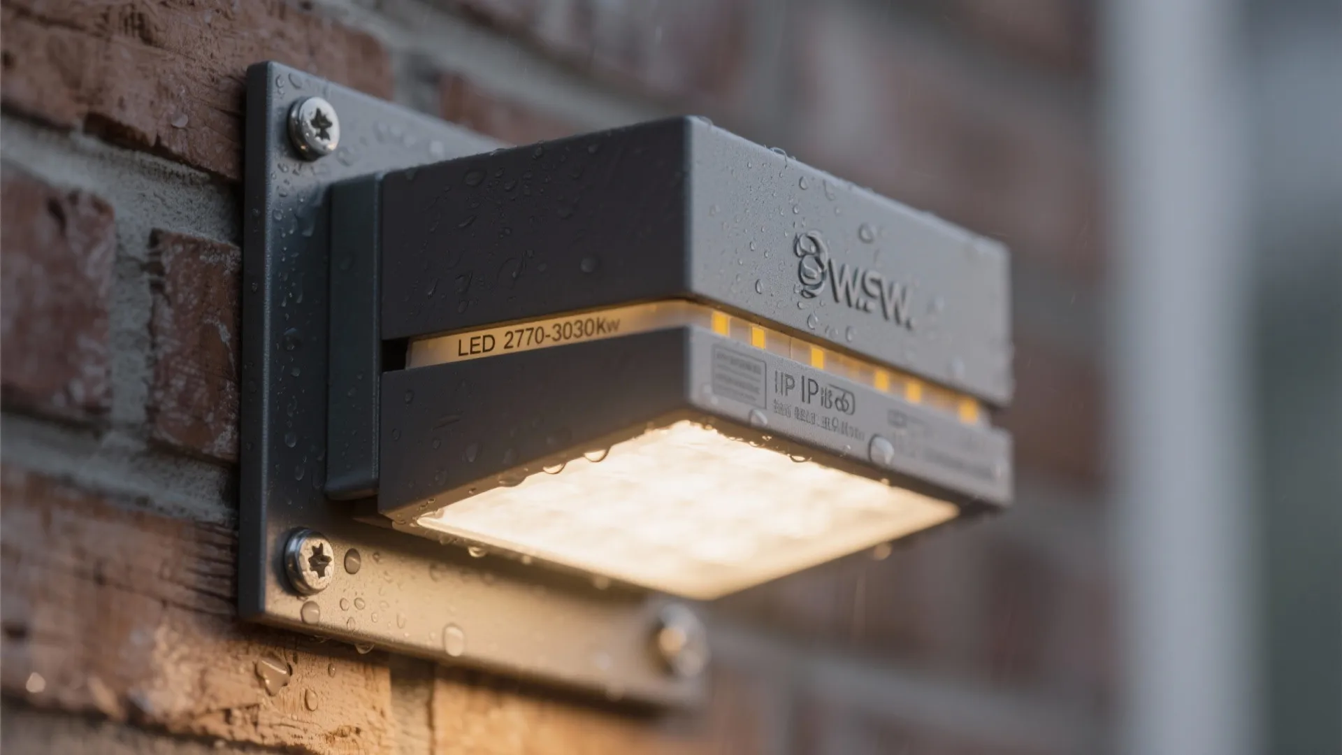 Macro of a weather-rated outdoor sconce showing powder-coated finish, gasket, and warm LED module.