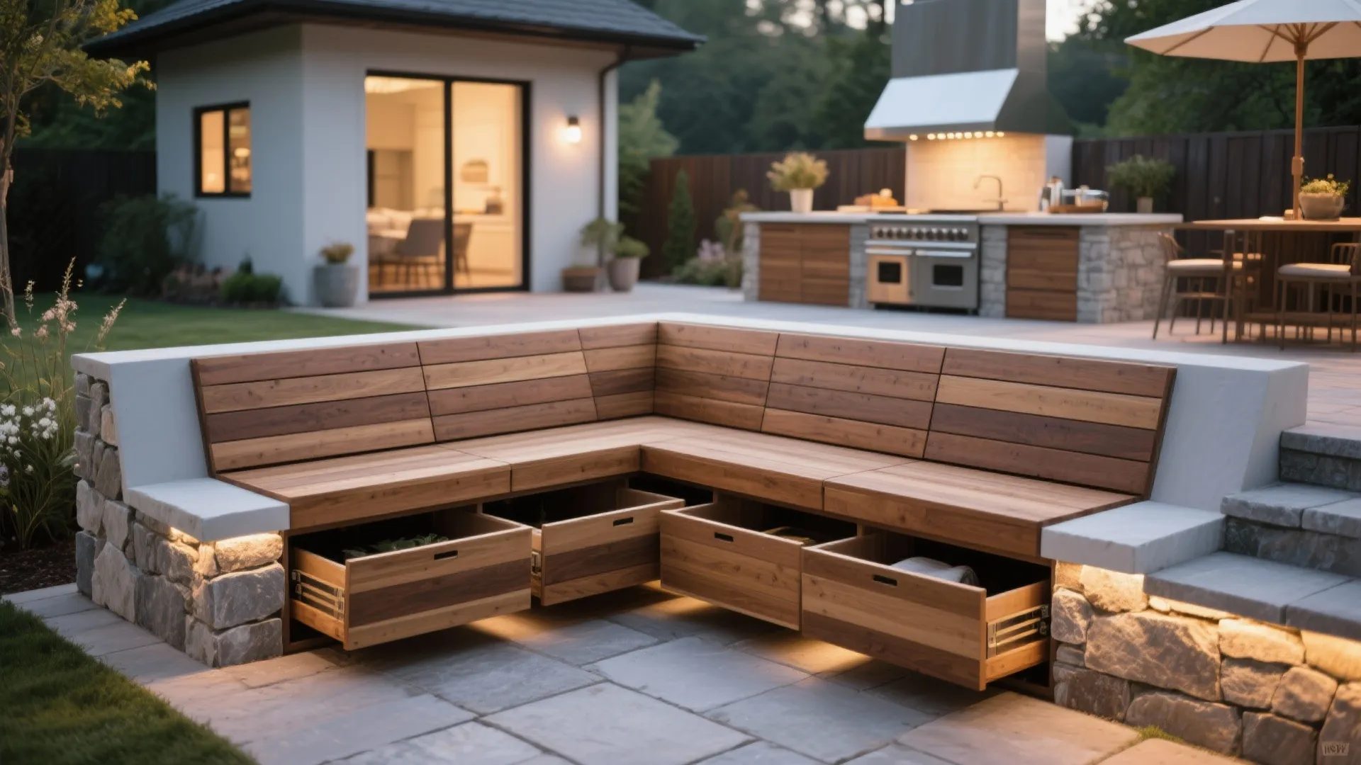 Built-in outdoor bench seating with hidden storage