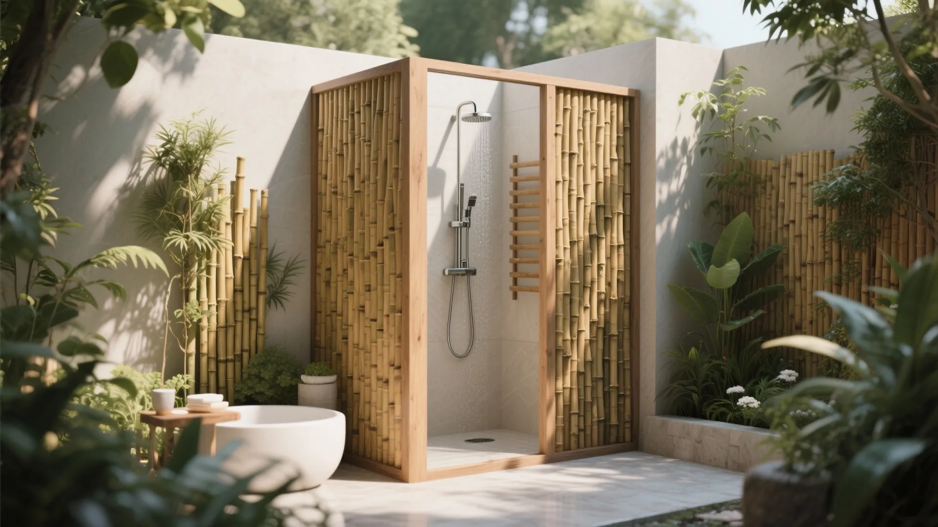 Outdoor shower area with bamboo privacy walls green plants a small tub and white tiles