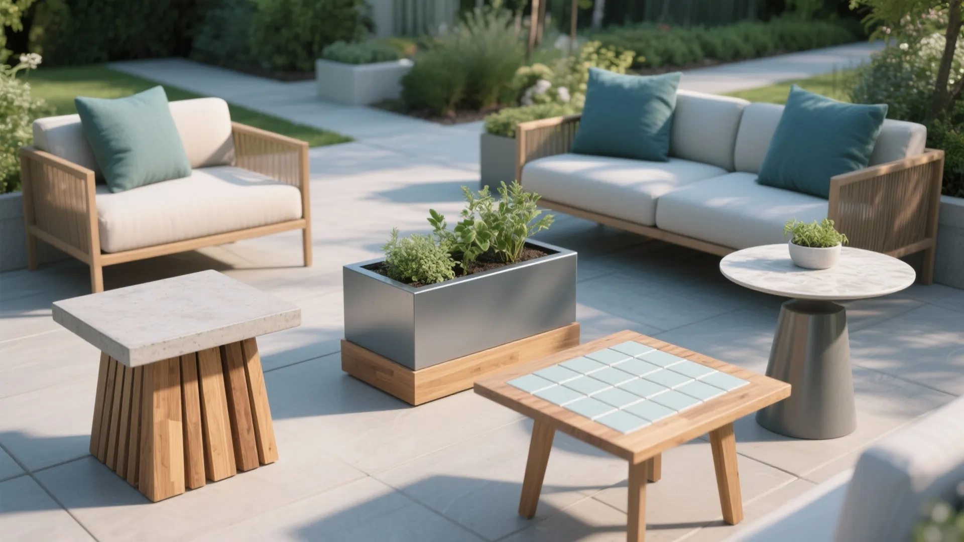 Outdoor patio featuring wooden sofas with blue pillows, small side tables and a metal planter