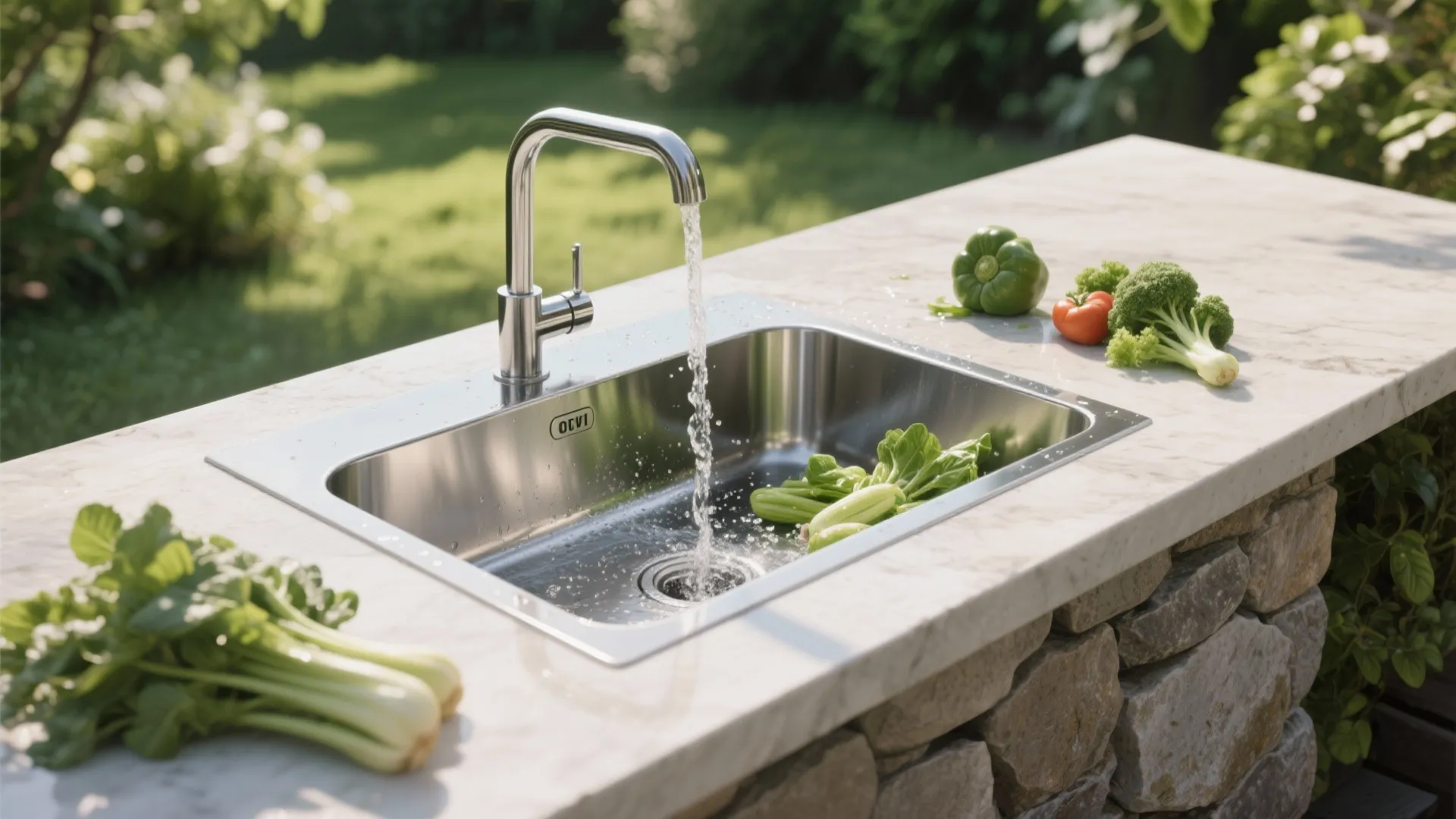 Stainless steel sink with water running in outdoor kitchen