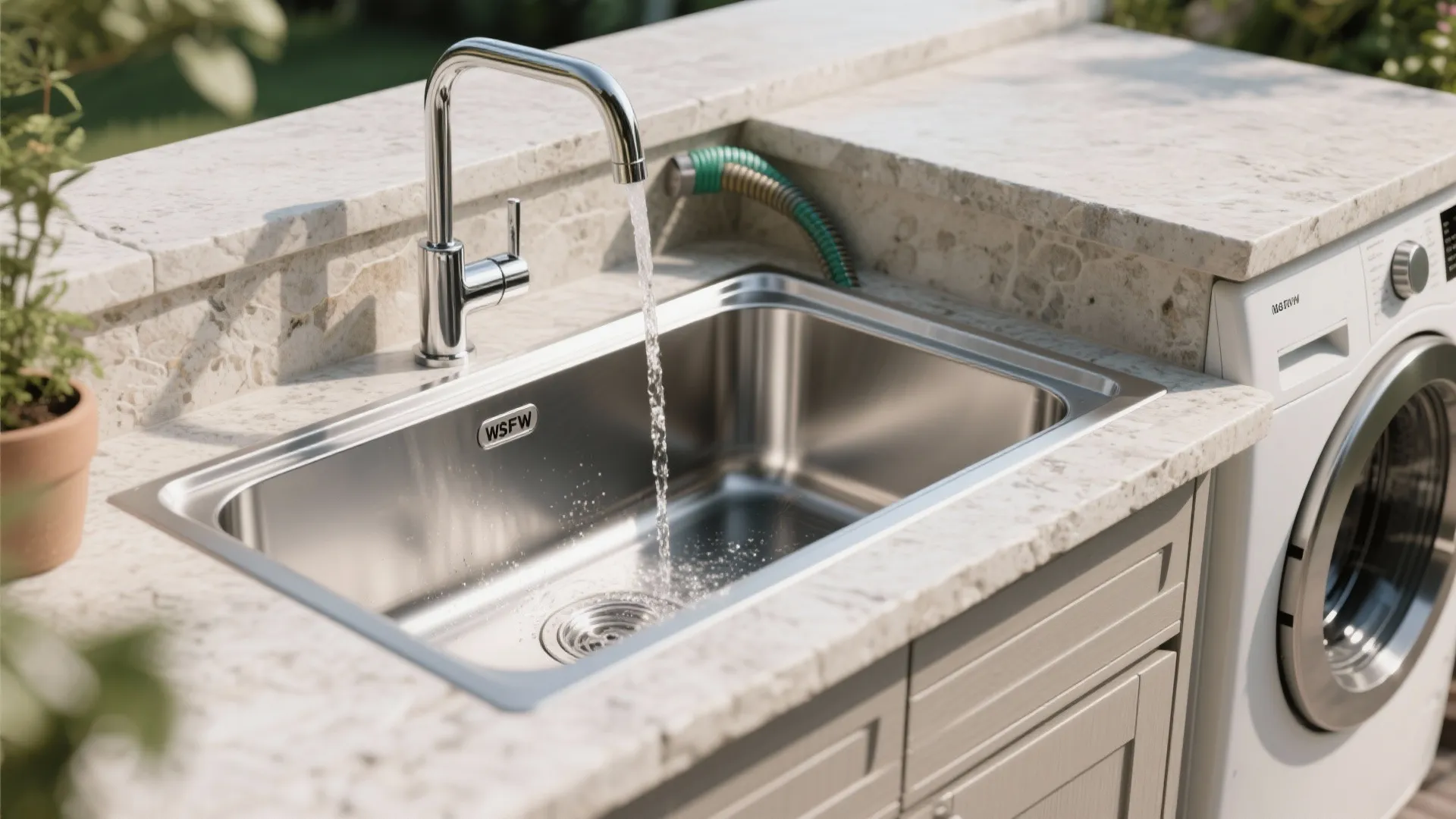 Modern outdoor stainless steel sink with running water set in a light stone kitchen counter