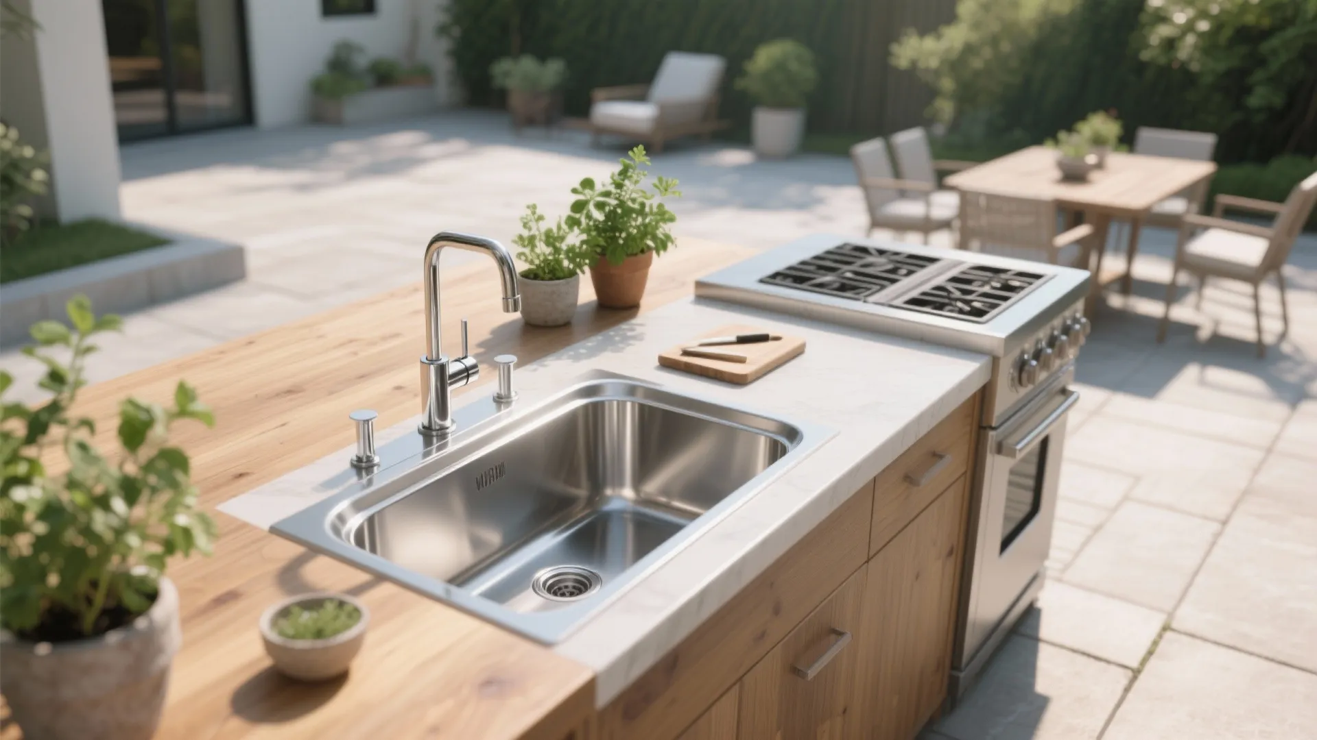 Modern outdoor kitchen island with stainless steel sink wooden countertop green plants and outdoor oven