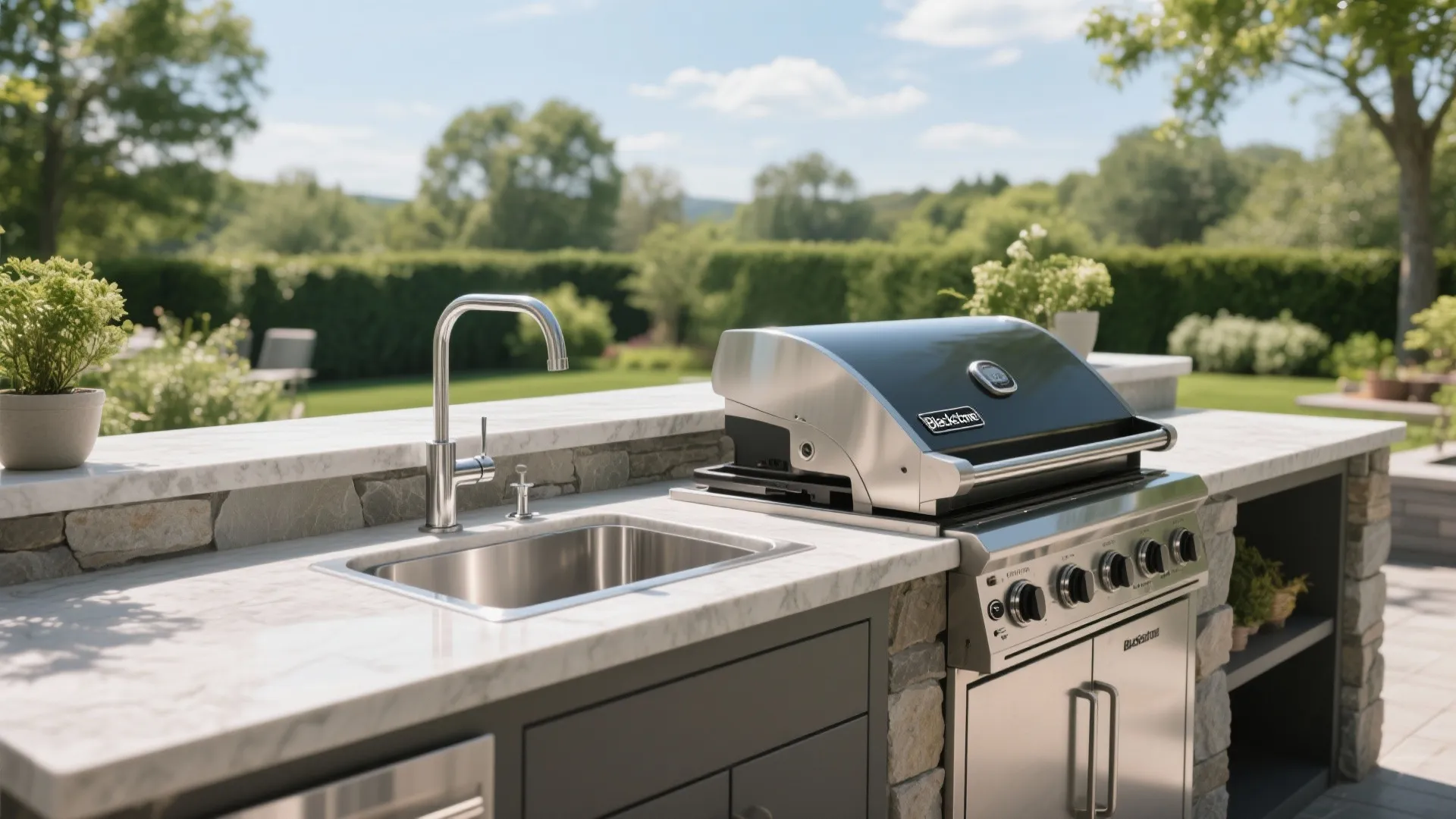 Close-up of outdoor kitchen counter featuring marble top, stainless steel sink, and large silver grill