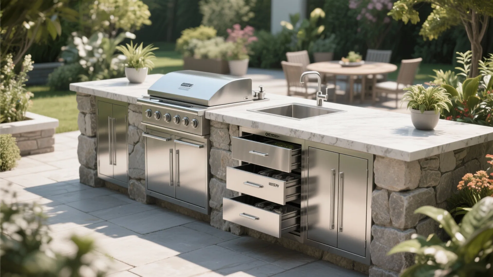 Stone outdoor kitchen island featuring built in stainless steel grill sink and open storage metal cabinets