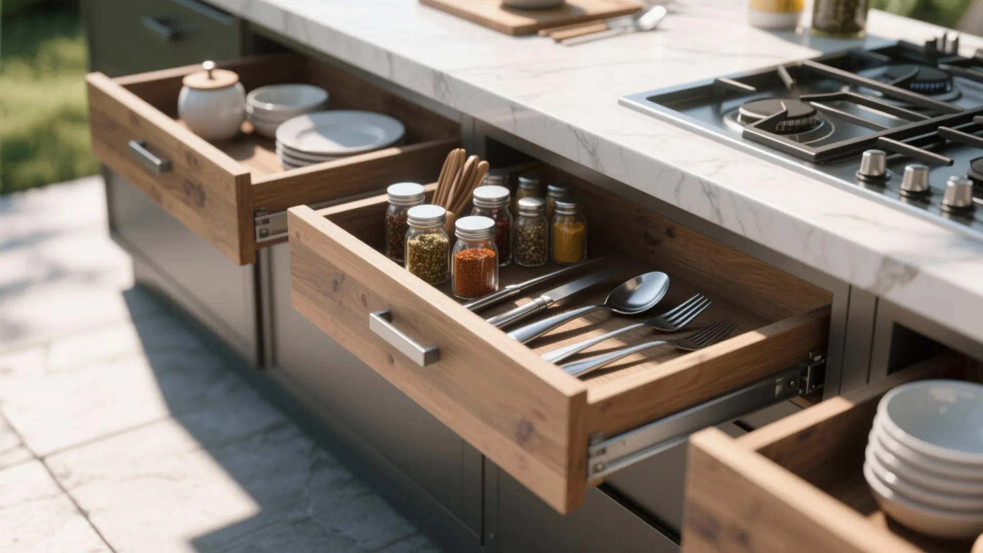 Open wooden kitchen drawers holding silver spoons forks spice jars and white plates near stove