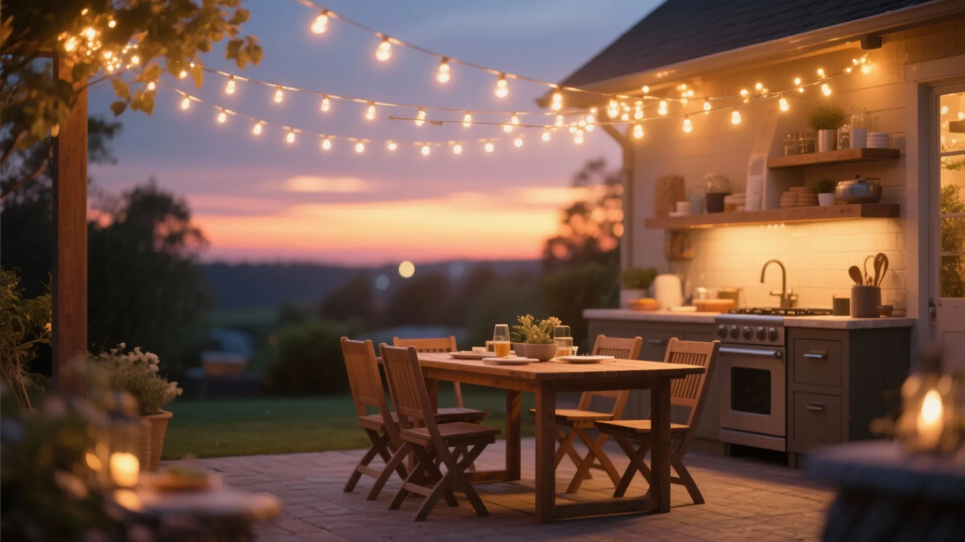Outdoor dining area with wooden table and chairs under warm string lights at sunset time