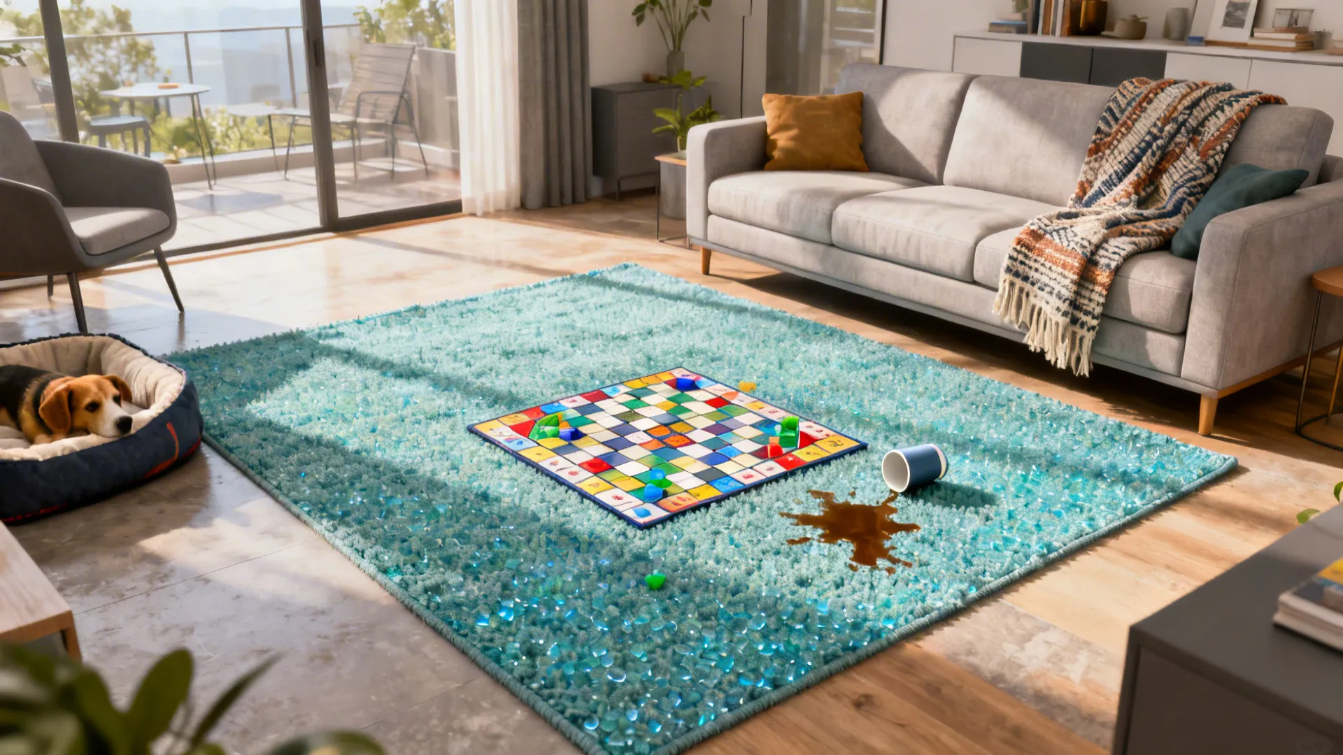 Spilled drink on a blue fluffy rug with a board game in a living room