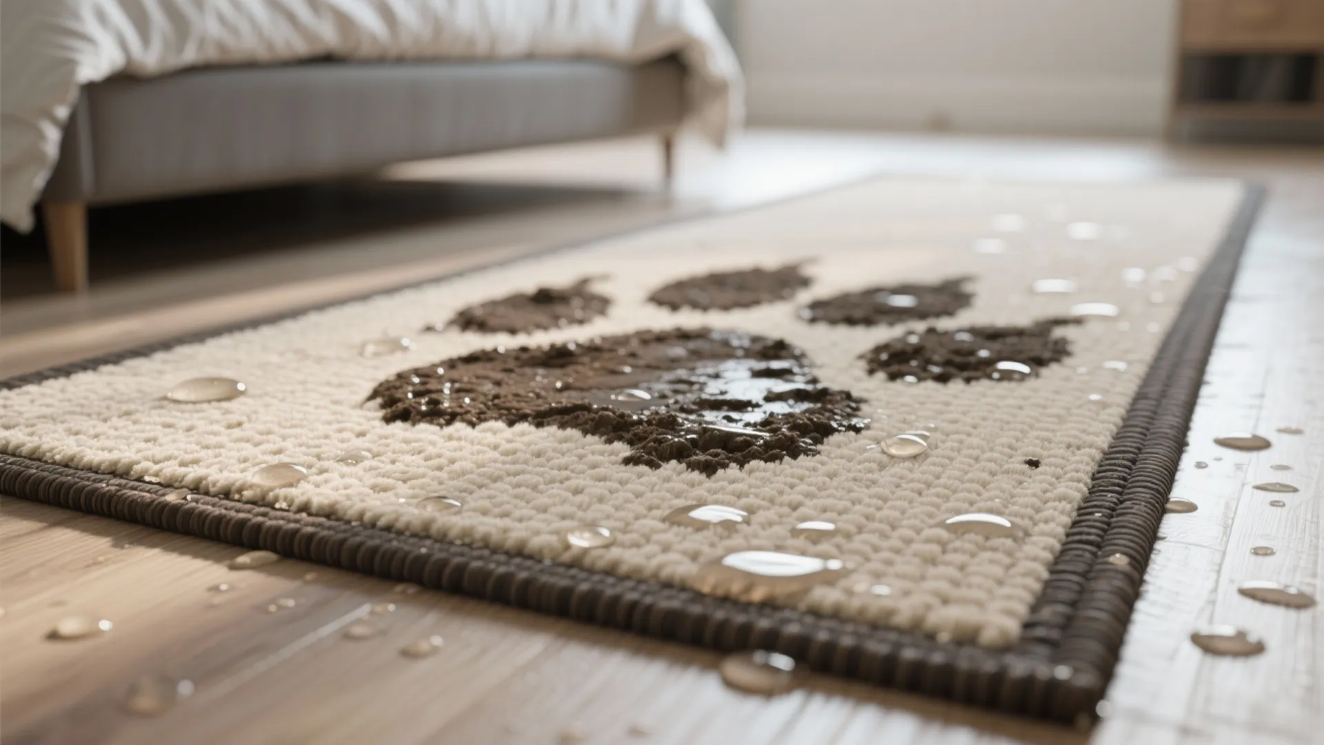 Waterproof rug with brown paw print and water droplets on bedroom floor near grey bed