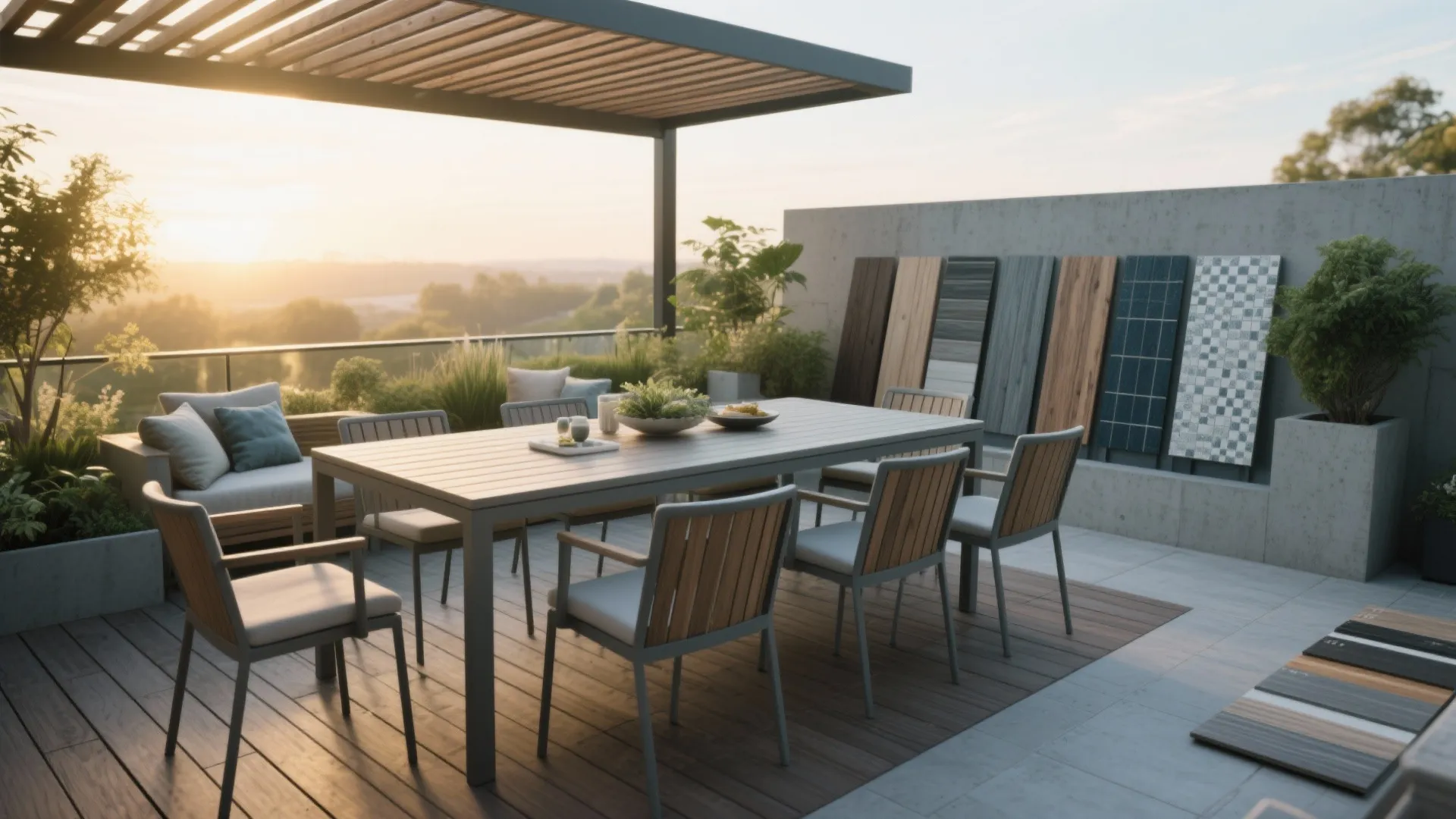 Modern outdoor terrace with wooden dining table and chairs at sunset showing floor material samples
