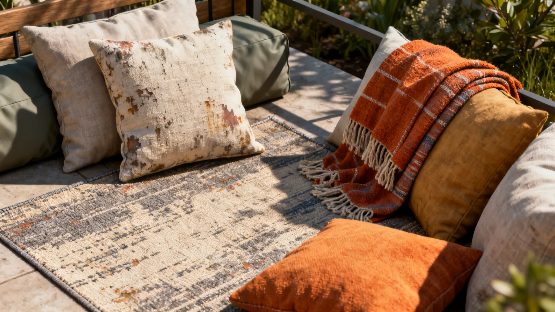 Outdoor rug and weatherproof cushions adding color and comfort to a small patio.