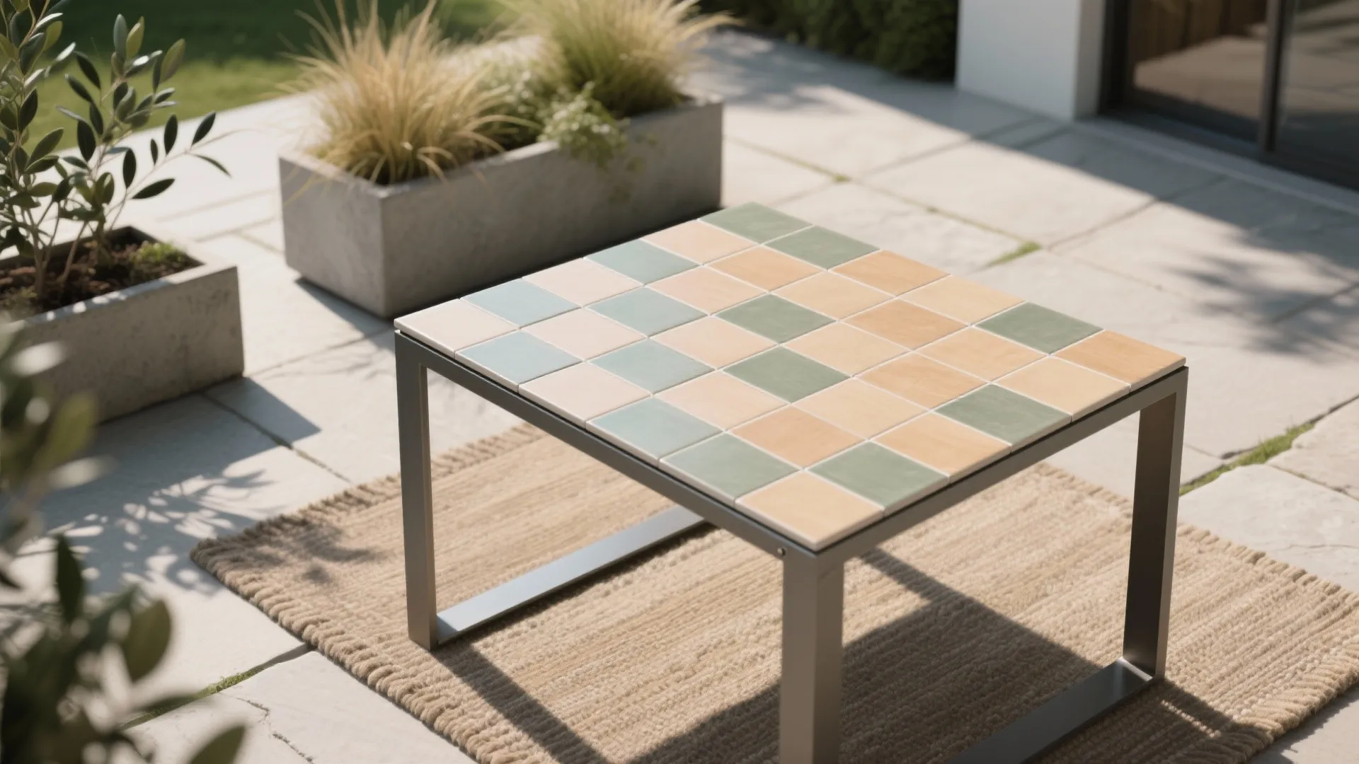 Modern outdoor table with colorful tile top sitting on a rug in a bright patio