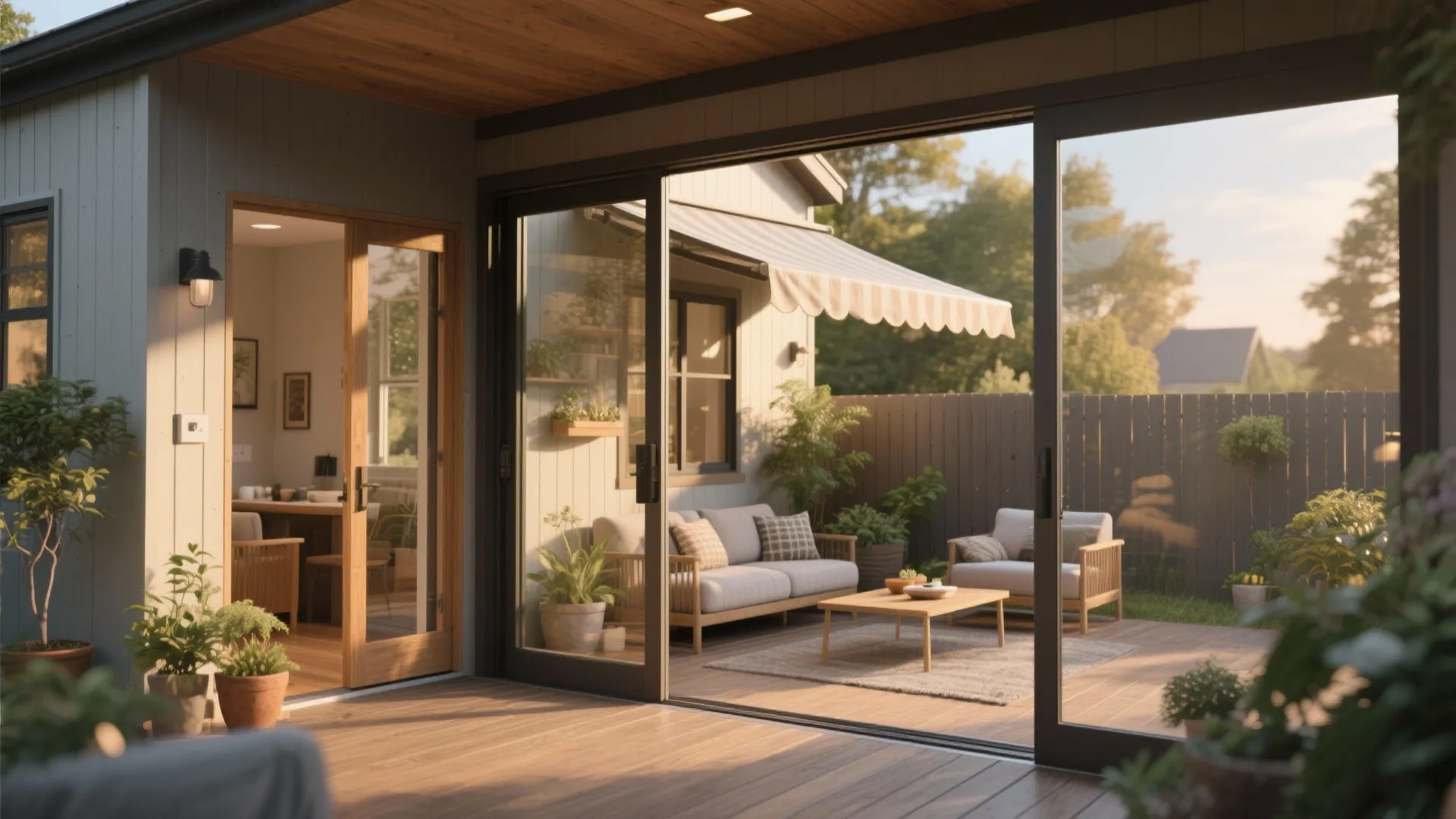 Modern patio with sliding glass doors leading to a backyard deck with sofa and table