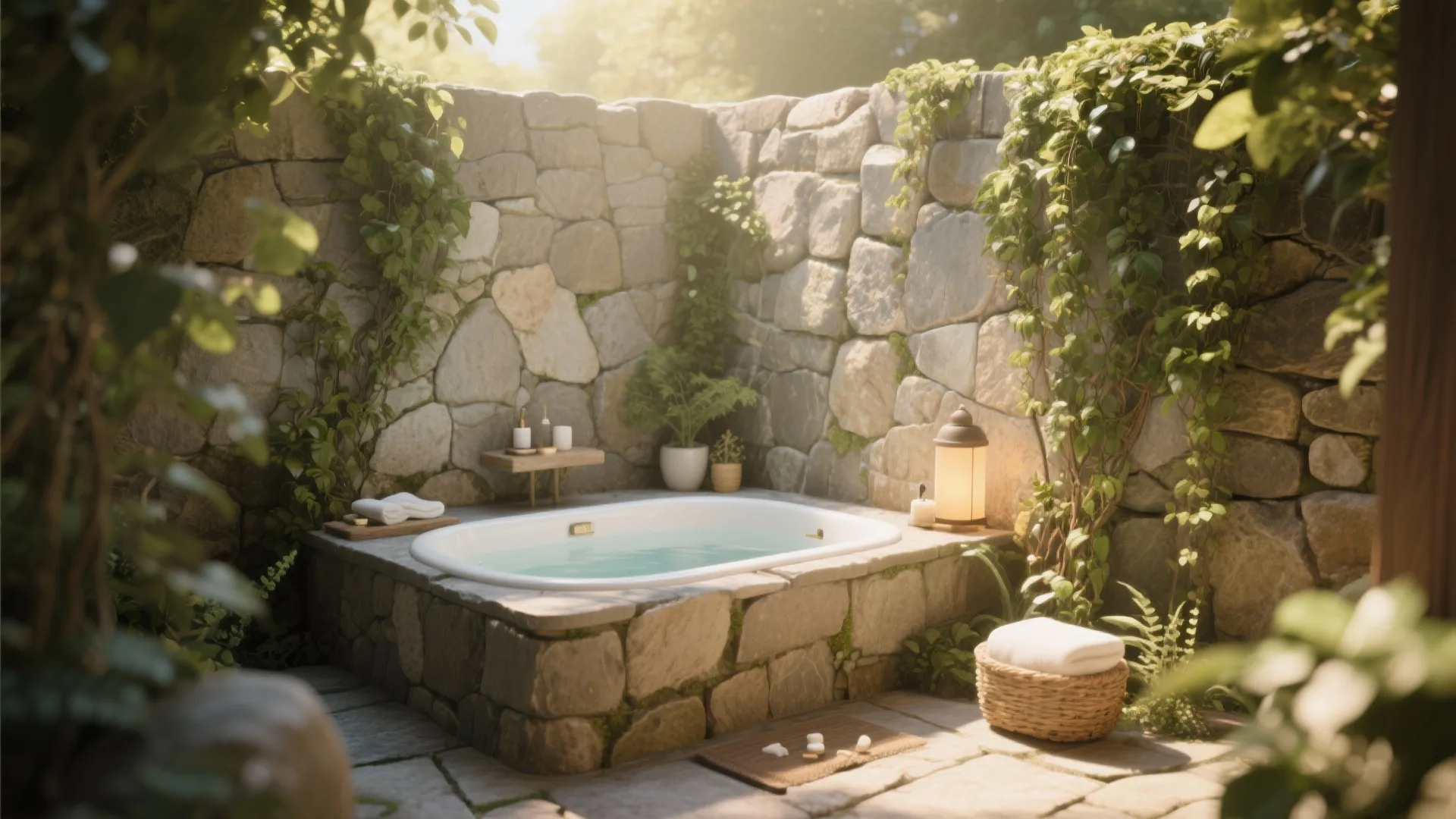 Outdoor white bathtub built into stone walls with green climbing plants and warm natural sunlight