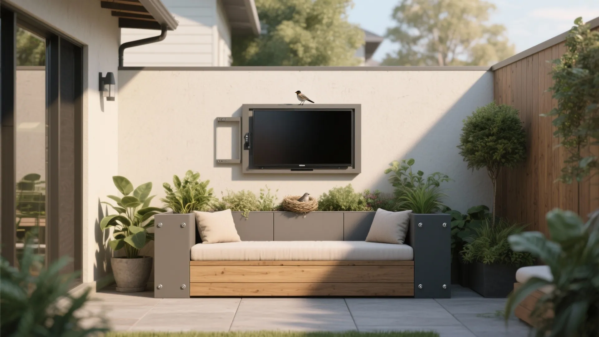 Modern outdoor patio area with a wood sofa, green plants, and television mounted on wall