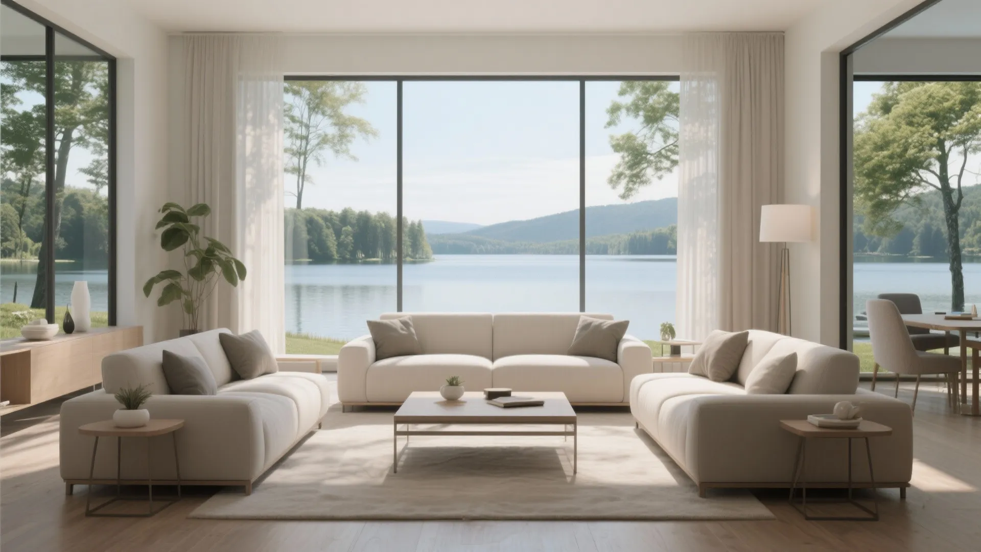 Bright living room with three white sofas large windows showing lake view and natural light