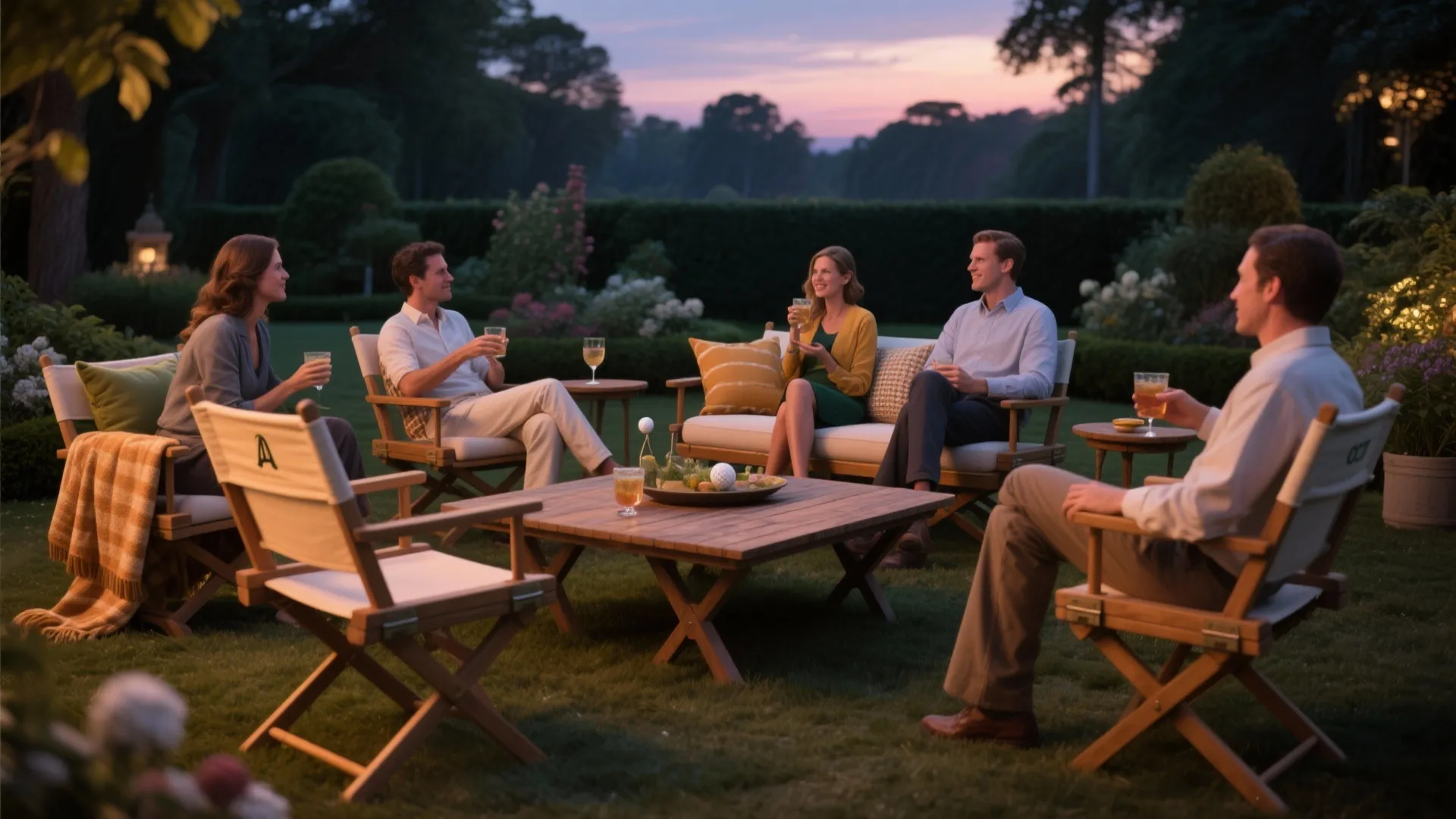 Outdoor lounge with vintage folding golf chairs