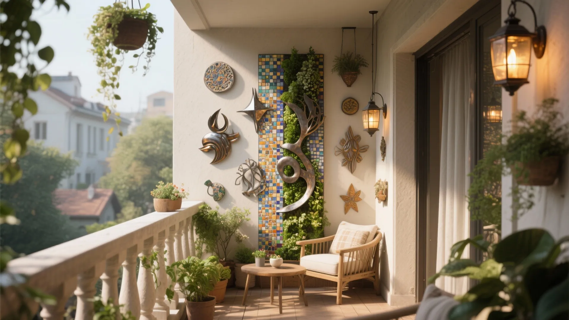 Cozy balcony with wooden chair small coffee table wall light hanging plants and decorative mosaics