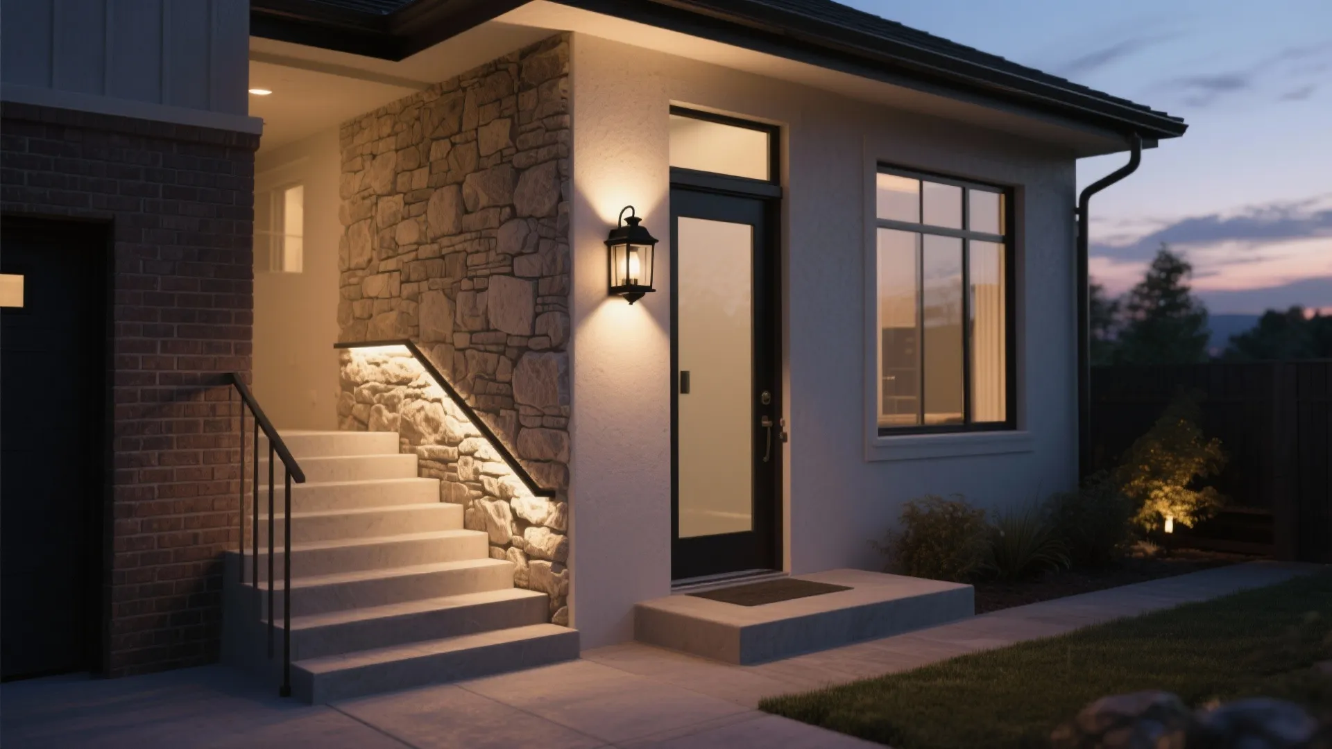 House entrance with stone wall panel outdoor wall light and illuminated stairs during the evening