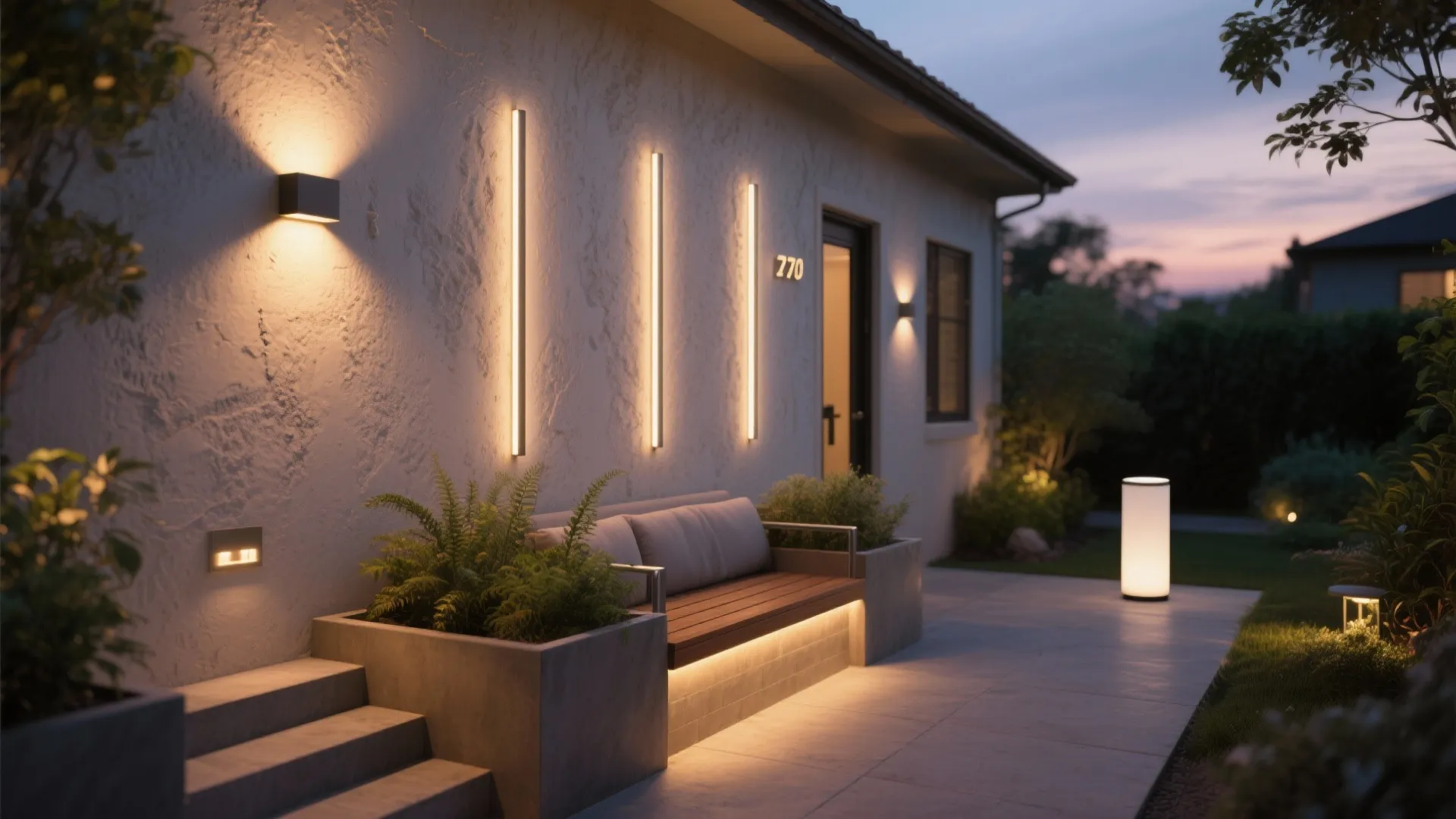 Modern outdoor patio with wall lights above wooden bench and plants during evening sunset time