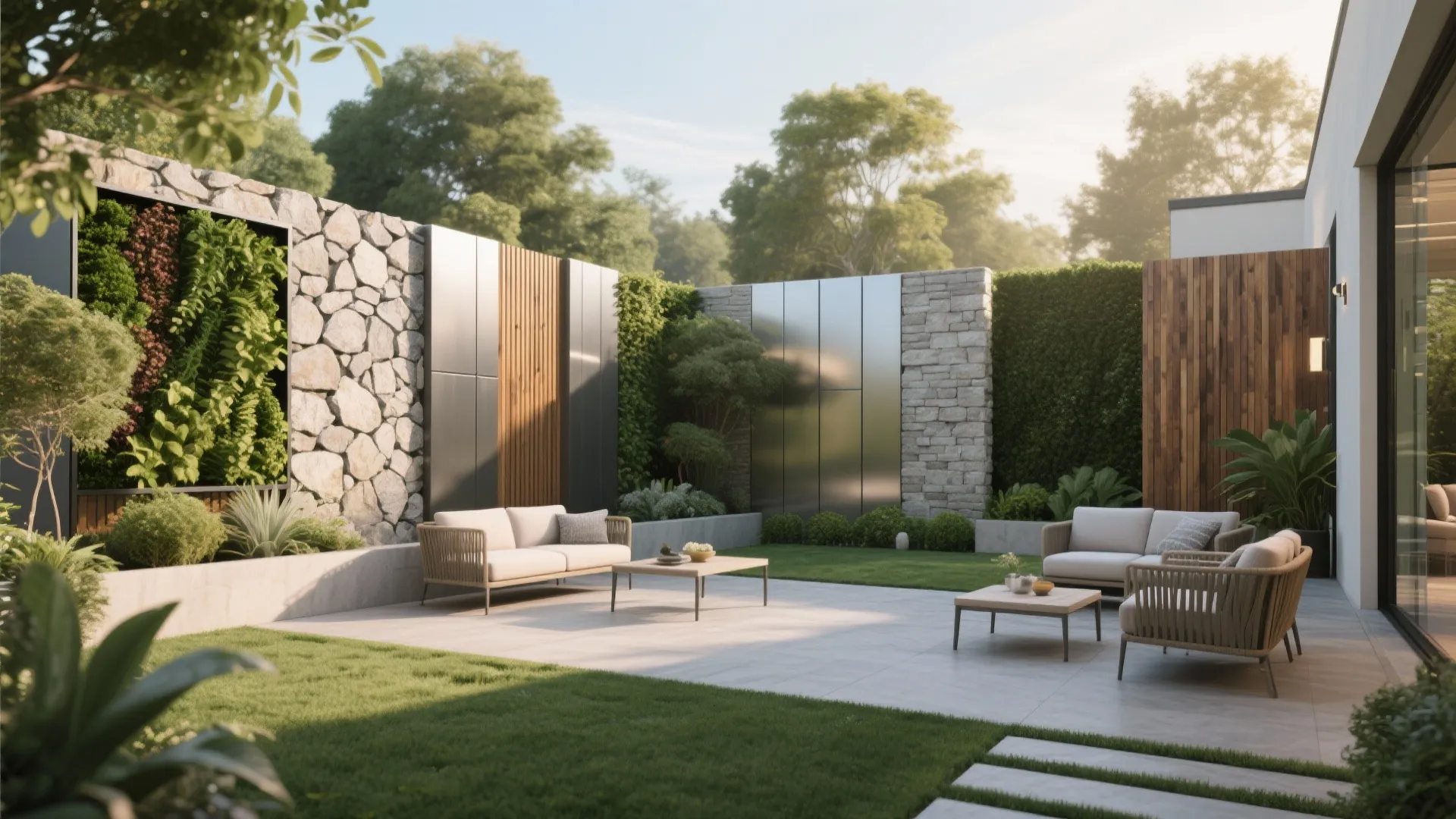 Modern outdoor patio with grey sofas wooden wall panels stone features green plants and grass lawn