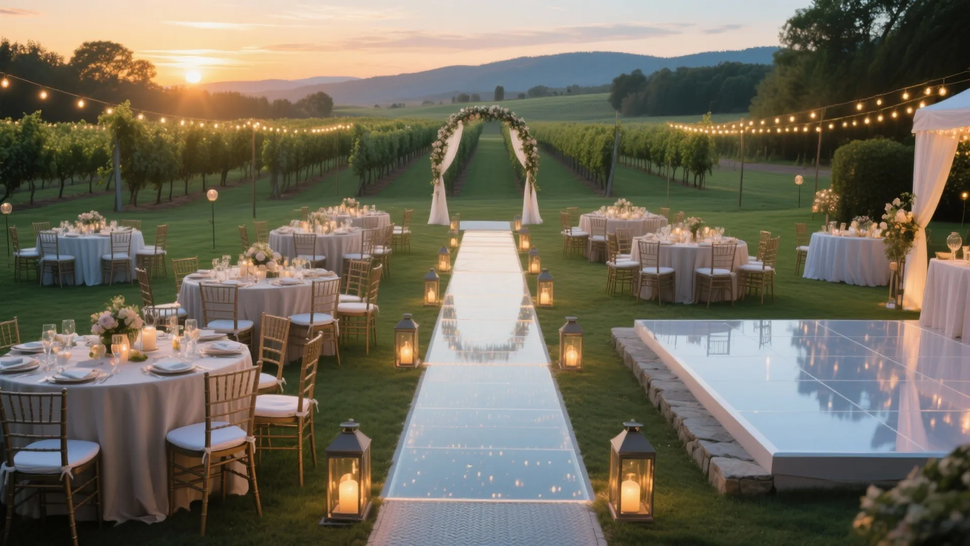 Outdoor vineyard wedding reception with white round tables gold chairs flower arch and string lights