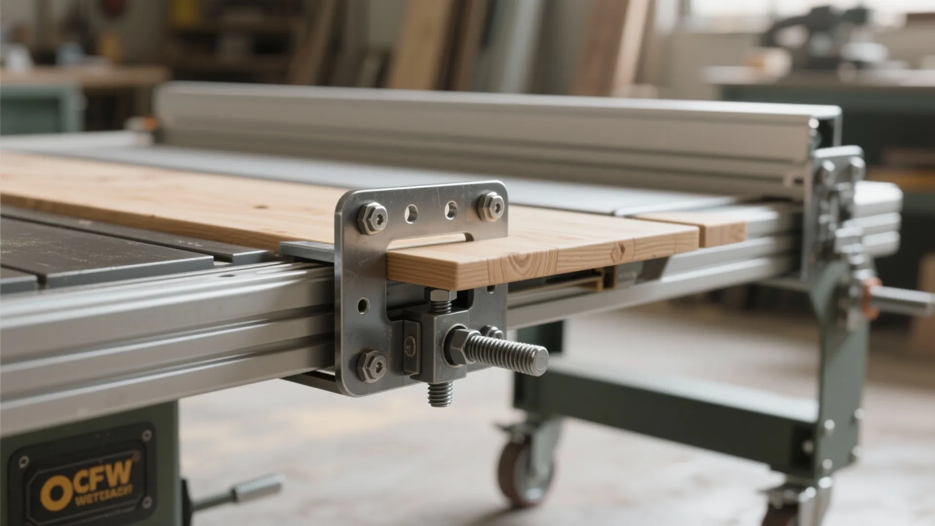 Close-up of bolt-on outfeed support wing attached to a table saw cart showing bolts and reinforced bracket.