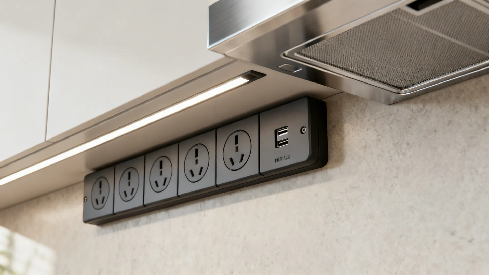 Macro of a modular outlet bank above the counter and the underside of a slim stainless hood with LED light.