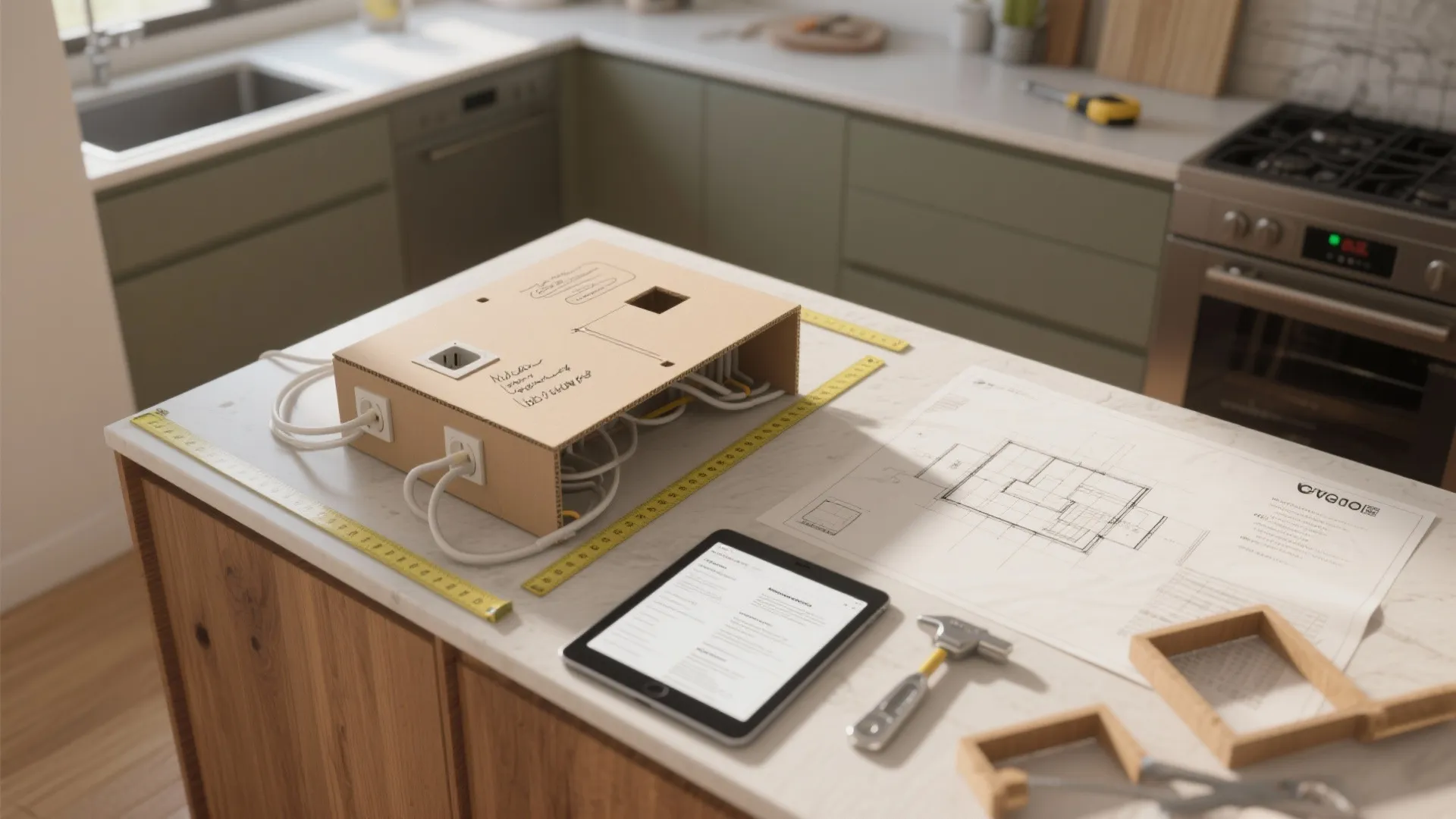 Top-down mockup of island outlet planning with measurements, notes, and a tablet showing floor plan.
