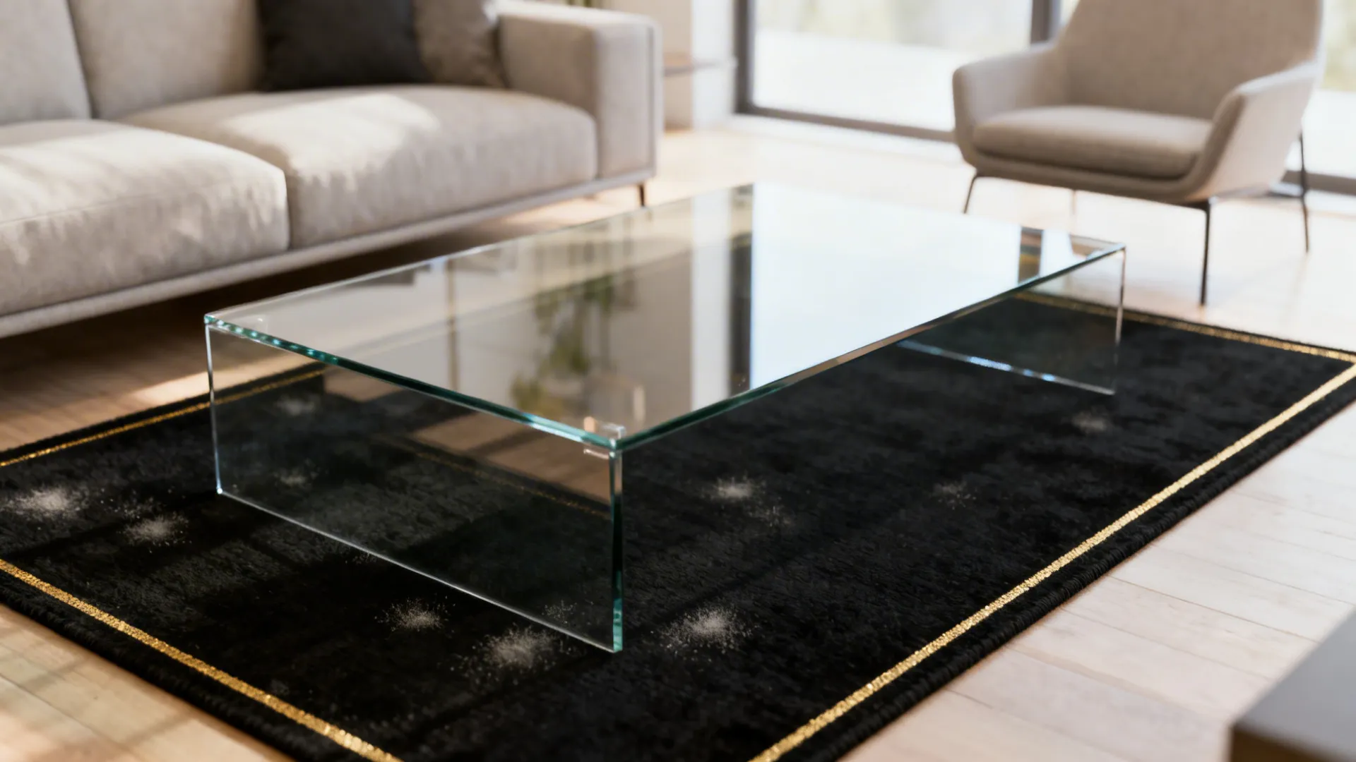 Small living room with a black rug featuring a gold outline beneath a glass coffee table.