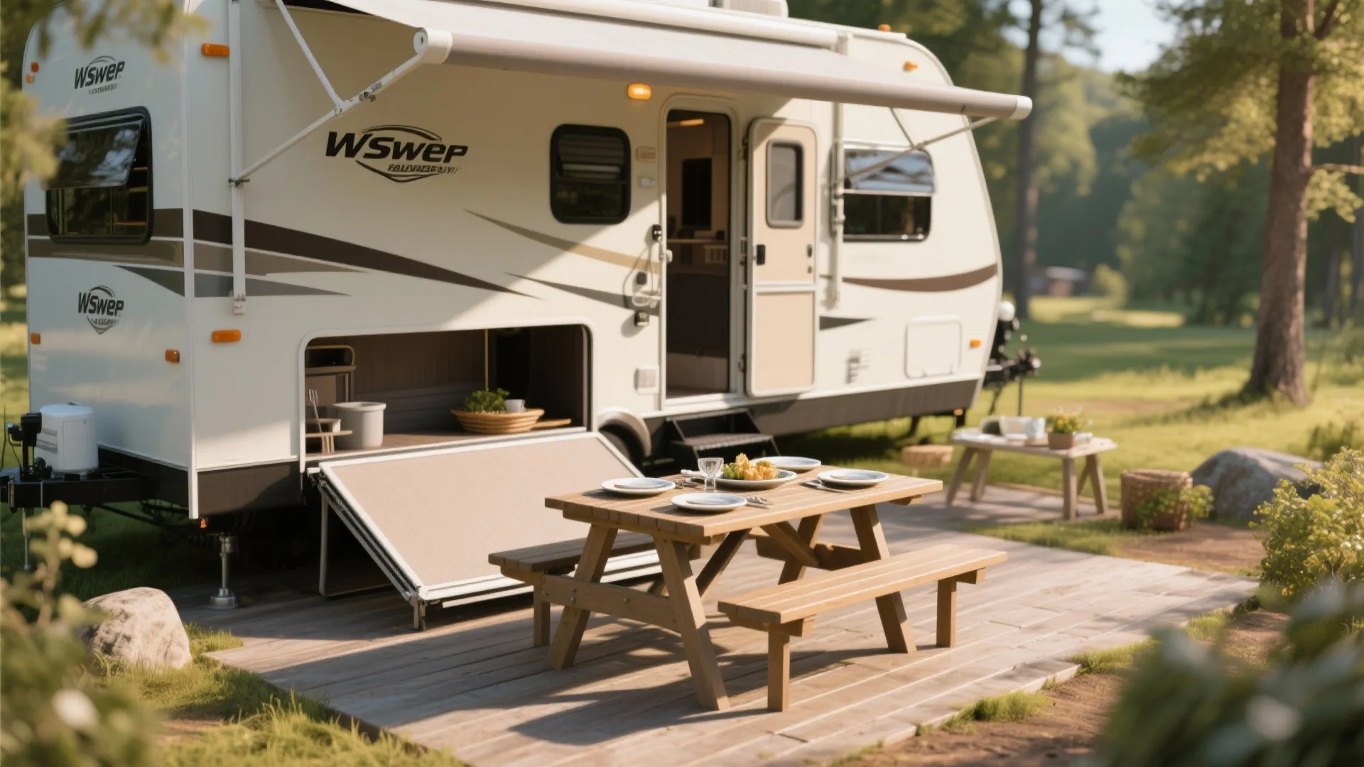 Outdoor camping scene with a white trailer featuring a slide out kitchen and picnic table