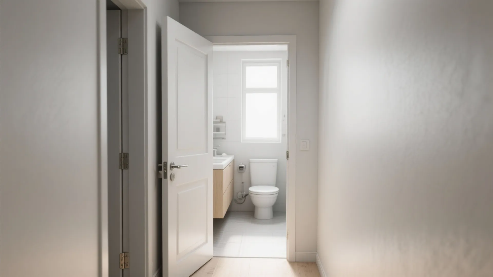 Outswing bathroom door opening to a hallway to preserve interior space.