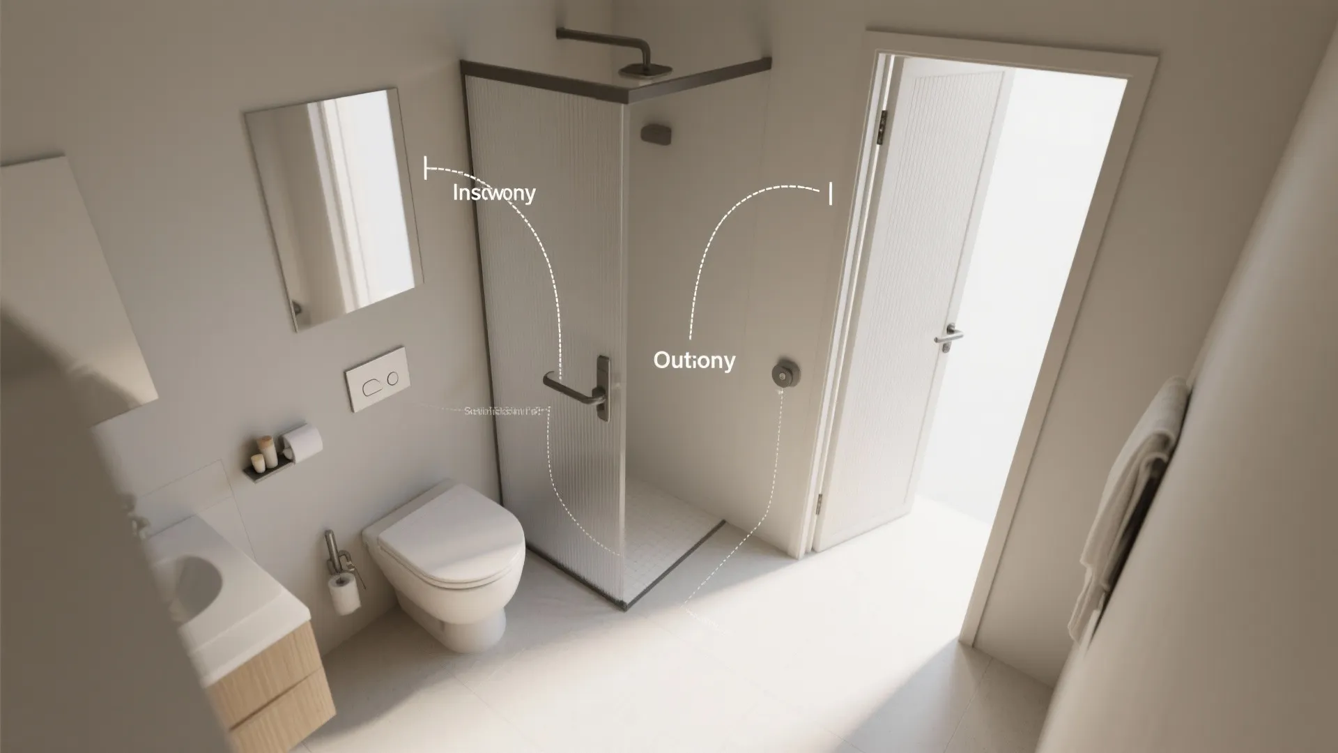 2) Out-swing hinged door to protect interior circulation