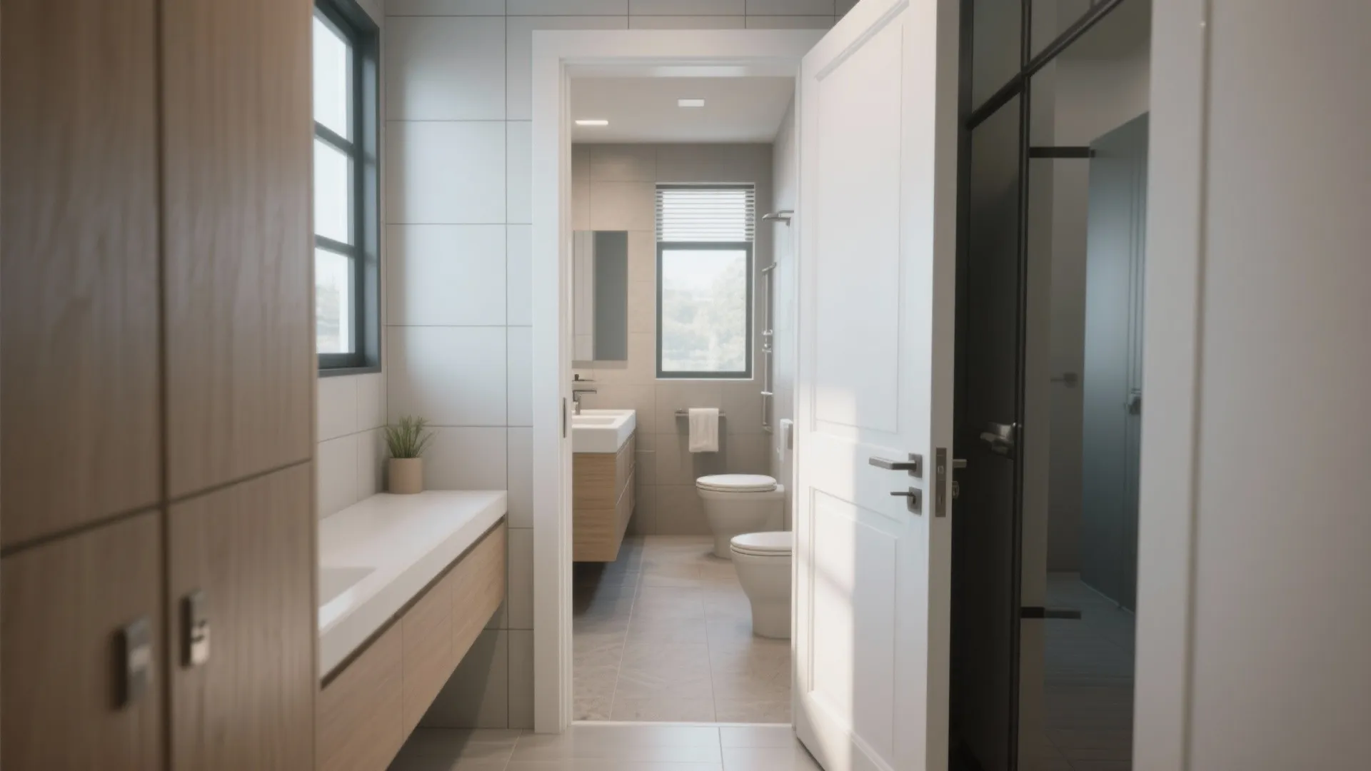 Modern bathroom view through an open white door with wood cabinets toilet and natural light