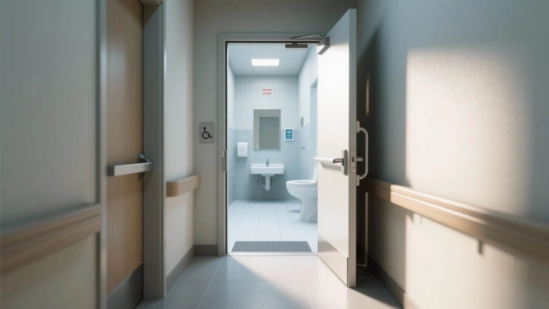 Hallway view into accessible bathroom showing white toilet, wall sink, and open white metal door